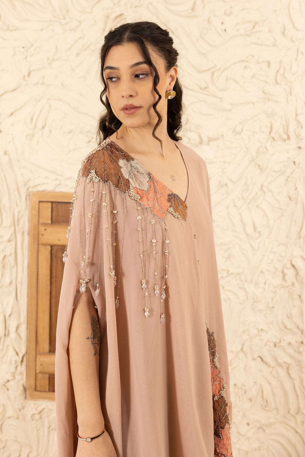 Barkha Nude Georgette Co-ord Set with Applique Cape & Flared Pants