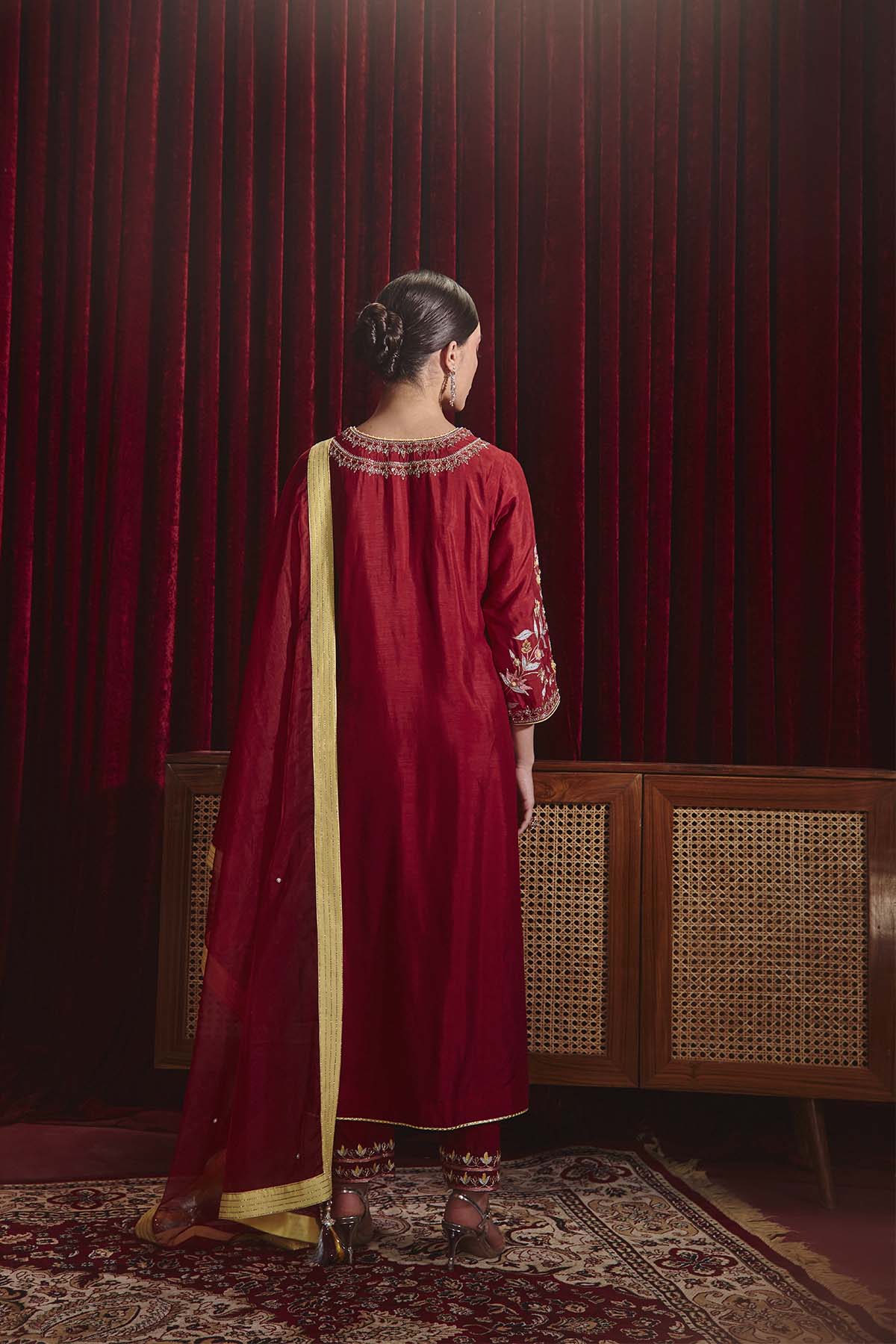 Preeti Wine Embroidered Dupion Silk Straight Kurta Set for Weddings