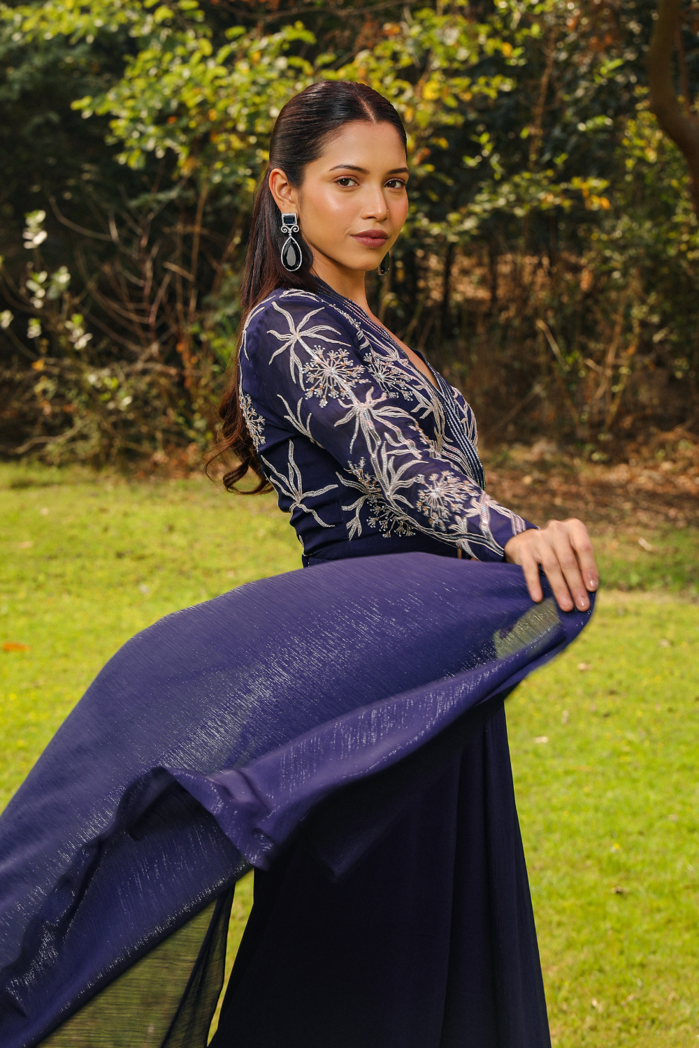 Navy Blue Flora Embroidered Flared Jumpsuit in Flowy Georgette