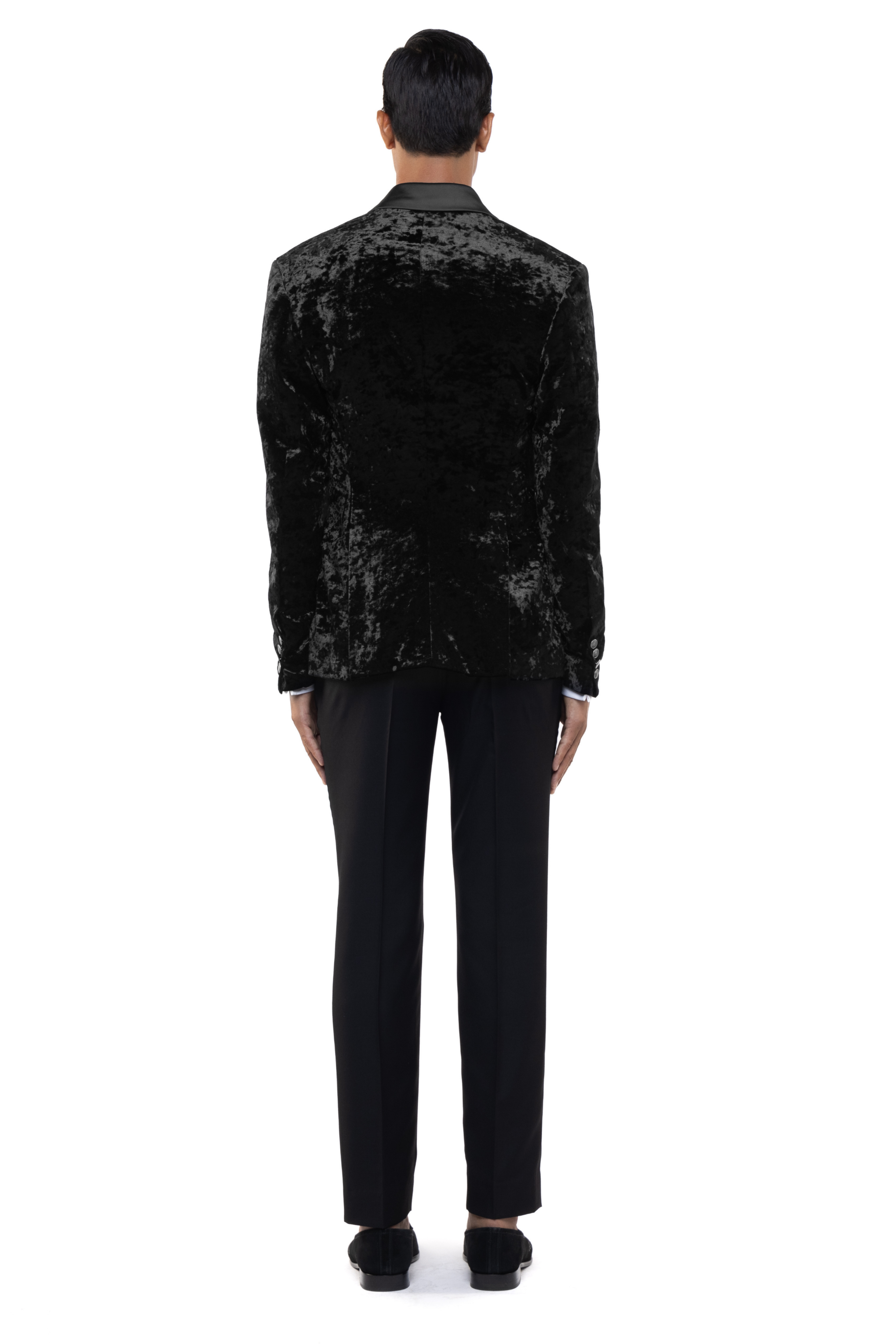 Black Velvet Metallic Buttons Peak Lapel Tuxedo Set