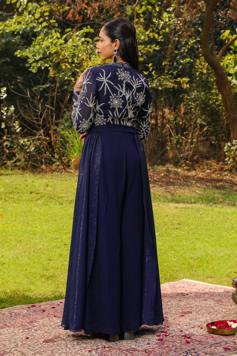 Navy Blue Flora Embroidered Flared Jumpsuit in Flowy Georgette
