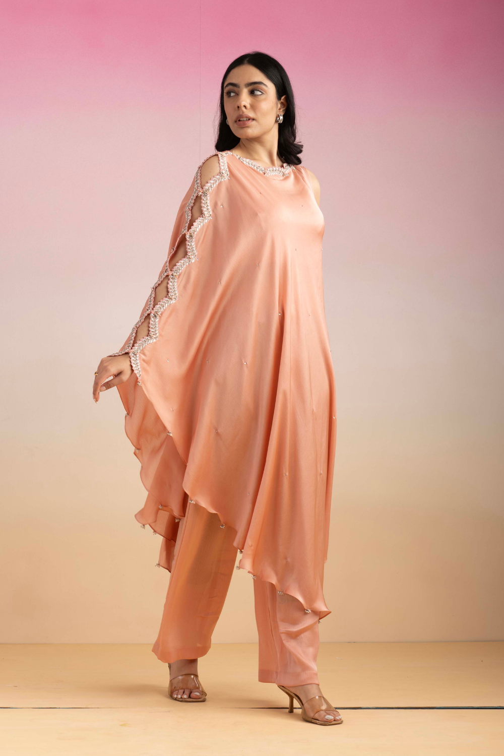 Peach Chiffon Embroidered Leher Cape Set with Flared Palazzo