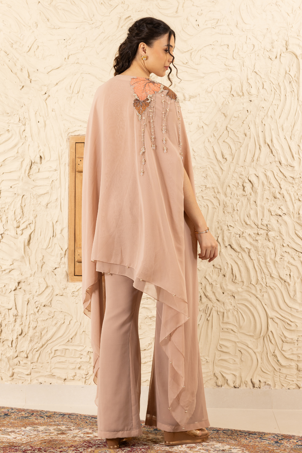 Barkha Nude Georgette Co-ord Set with Applique Cape & Flared Pants