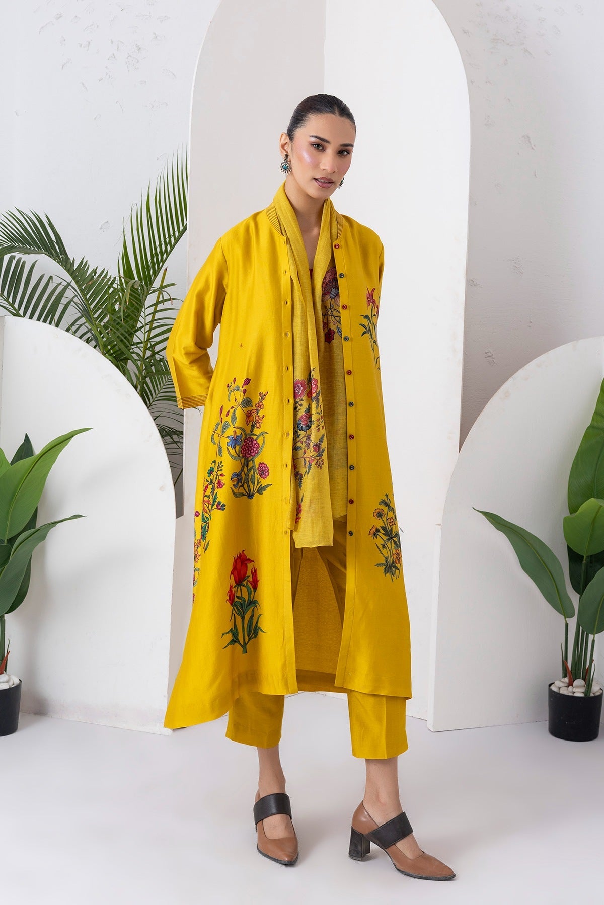 Yellow Silk Chanderi Floral Printed Front Open Dress Set (3 PCS)