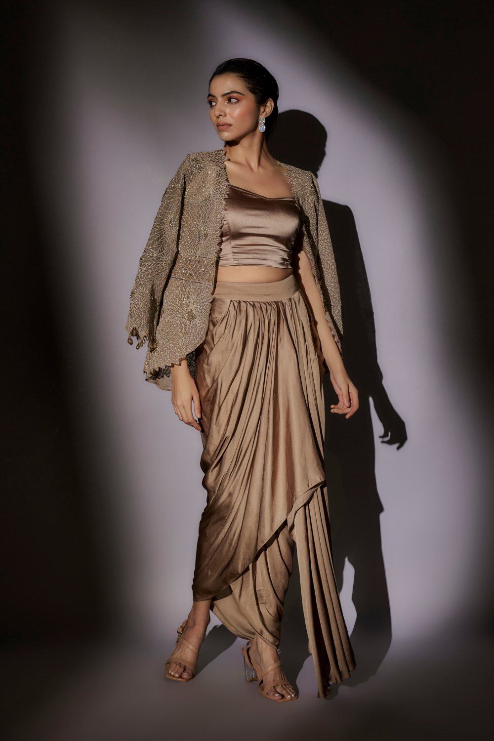 Nia Cape Set - Embroidered Badla Jacket with Fluid Lycra Satin Skirt