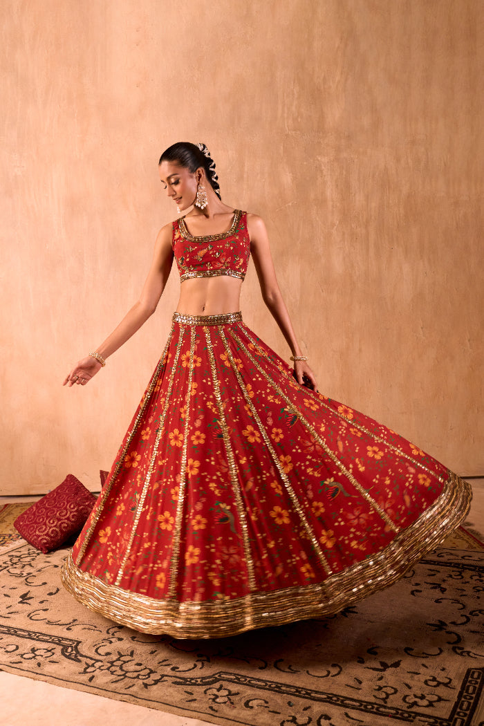 RED PRINT EMBROIDERED CHOLI, LEHENGA AND DUPATTA SET - image 8
