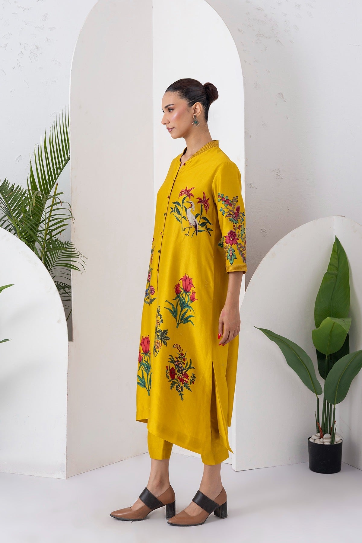 Yellow Silk Chanderi Floral Printed Front Open Dress Set (3 PCS)