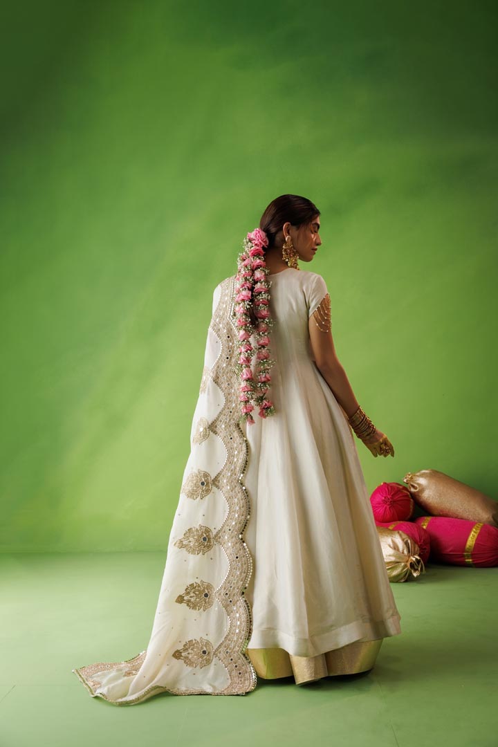 Beige tissue anarkali with scallop dupatta