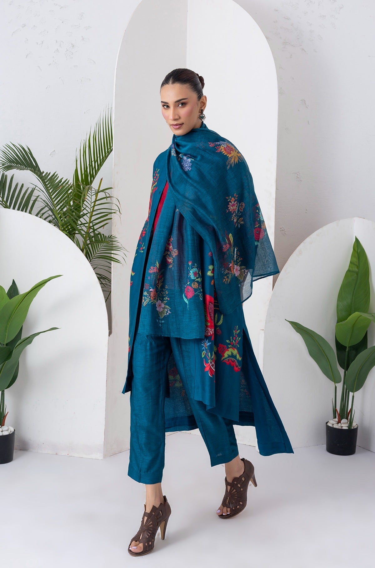 Indigo Silk Chanderi Printed Front Open Floral High-Low Dress Set (3 PCS)