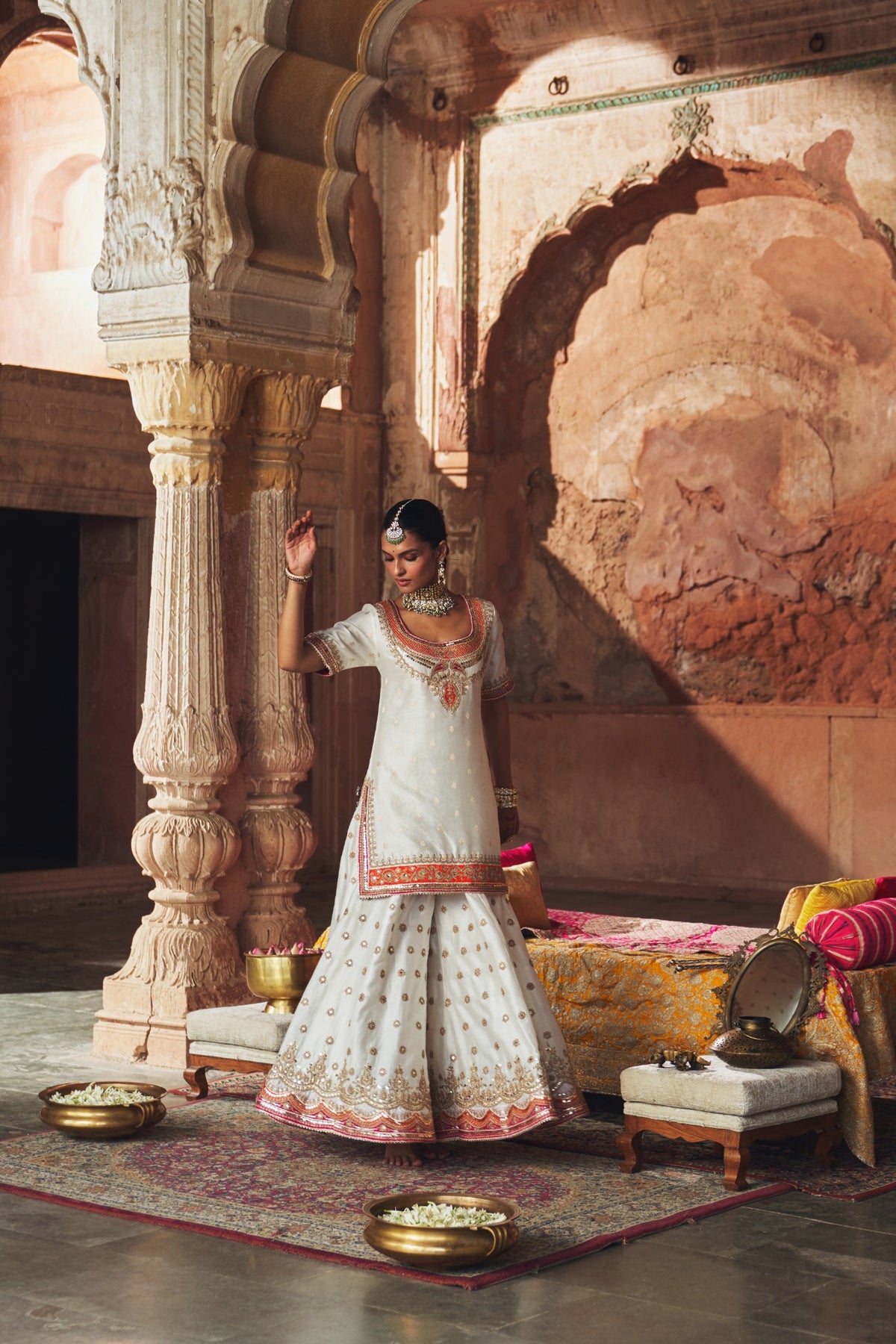 Ivory Banarasi Short Kurta Sharara Set with Organza Dupatta