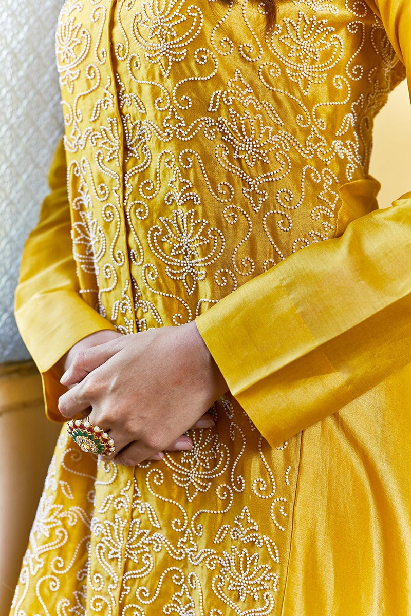 silk chanderi long asymmetrical tunic with pearl embroidered lotus jaal