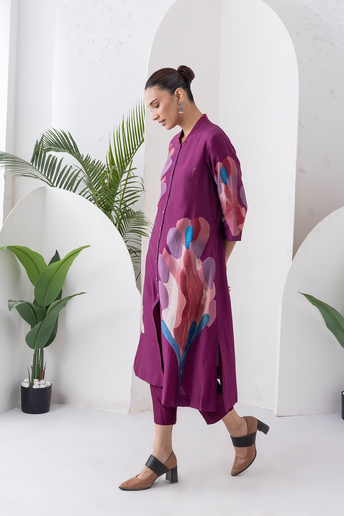 Wine Silk Chanderi Printed Dress Set (3 PCS)