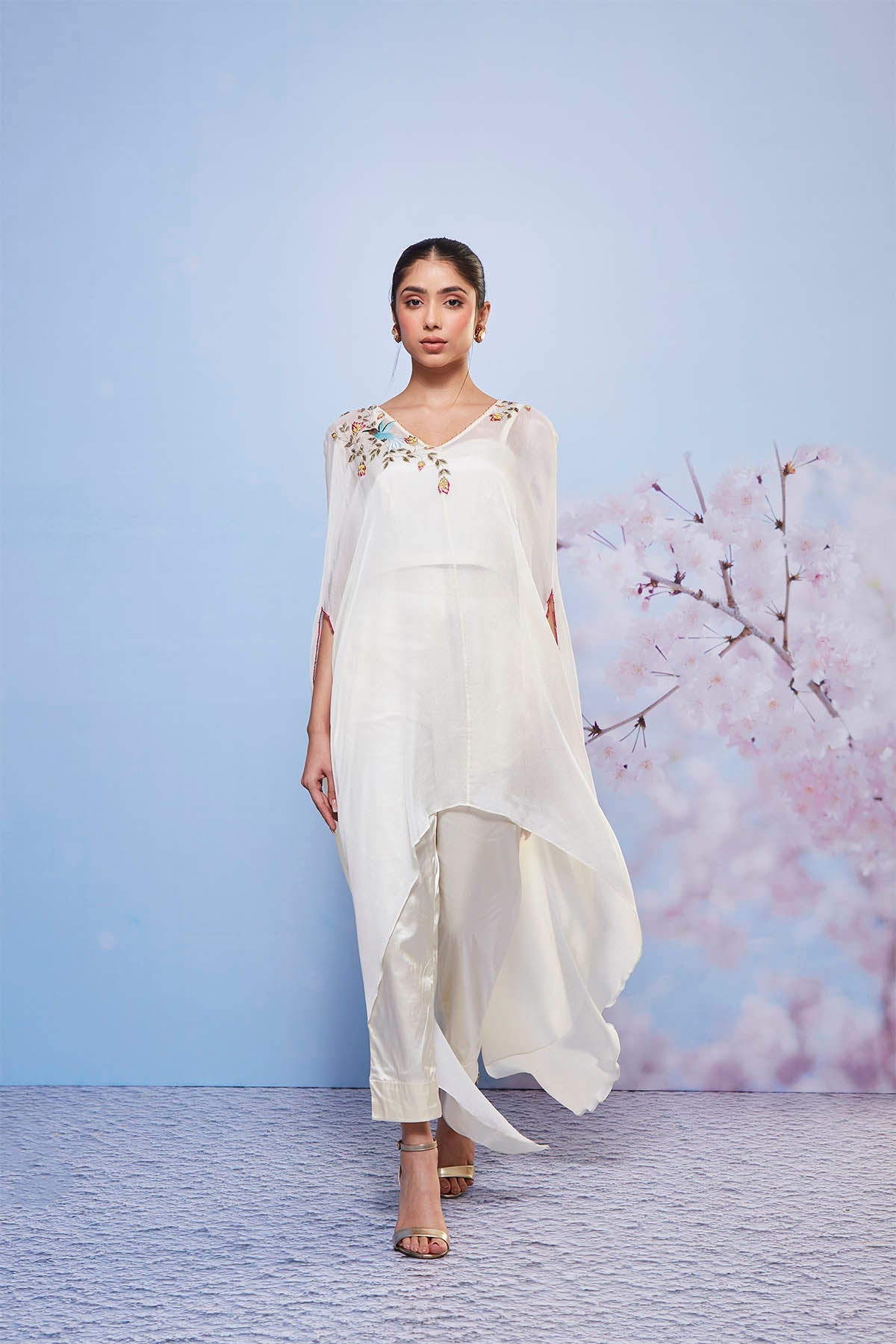 Ivory Asymmetrical Embroidered Cape Set with Cigarette Pants