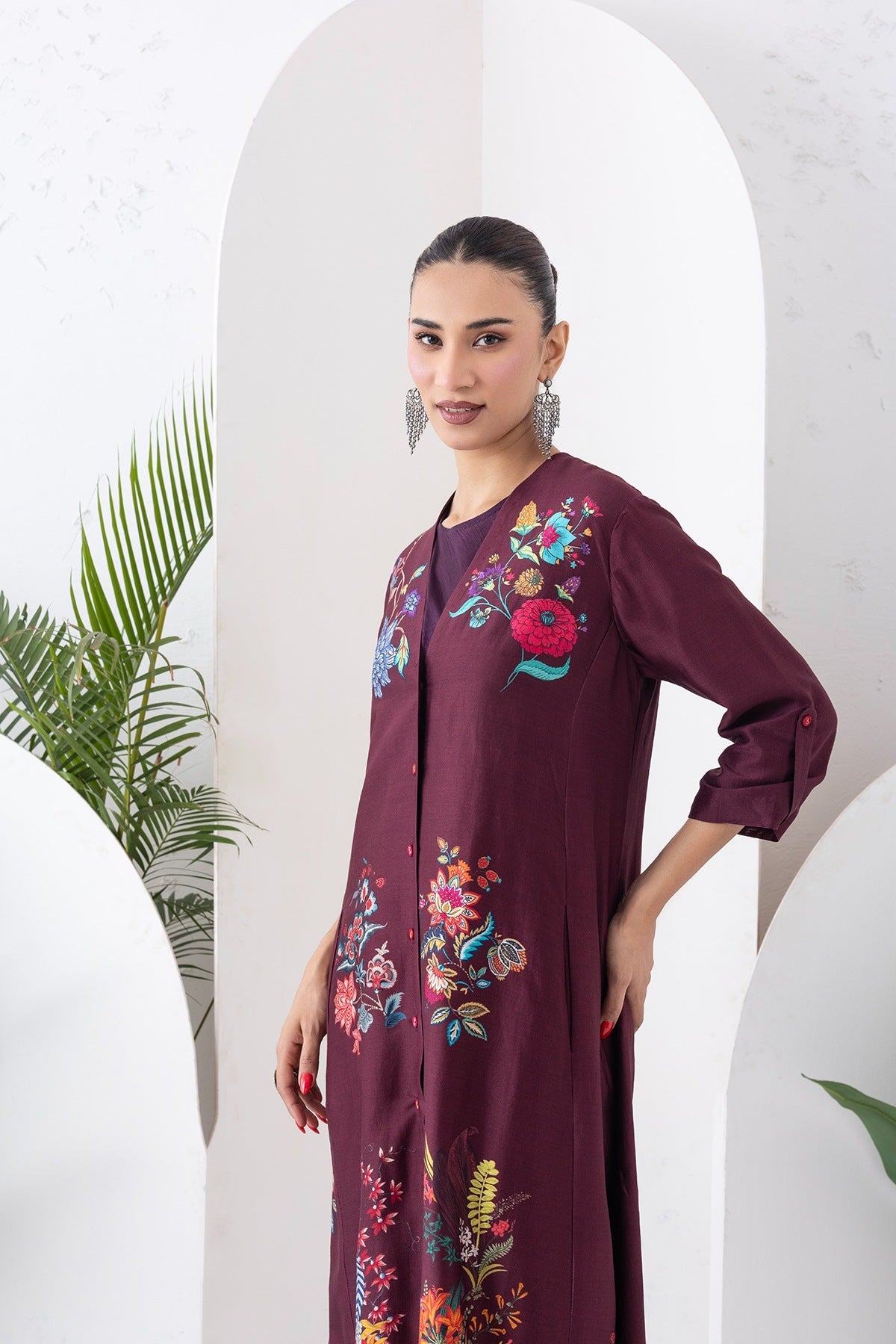 Chocolate Brown Silk Chanderi Printed High-Low Dress Set (3 PCS)