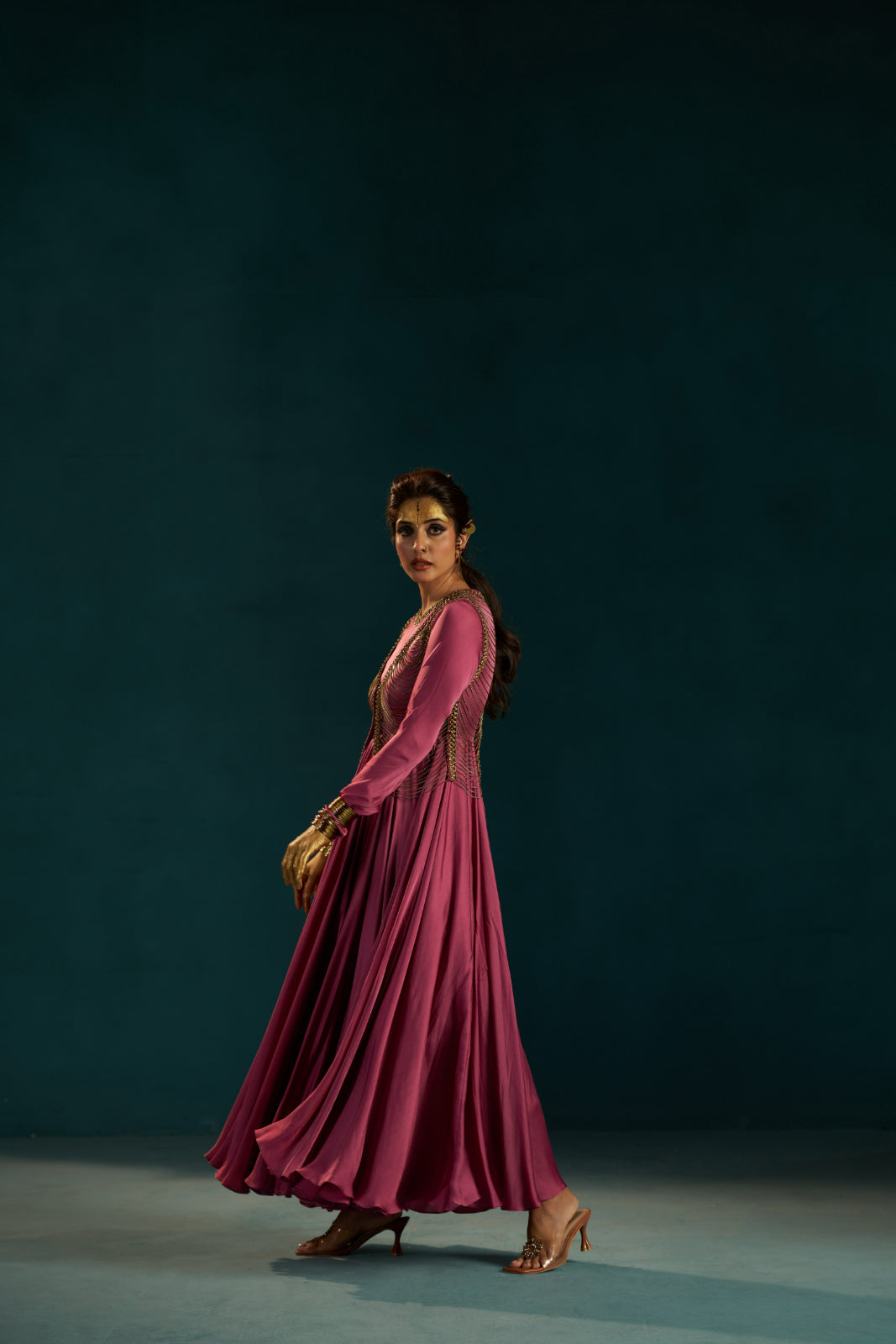 Onion Pink Organza Satin Anarkali with Metal Chain Jacket.