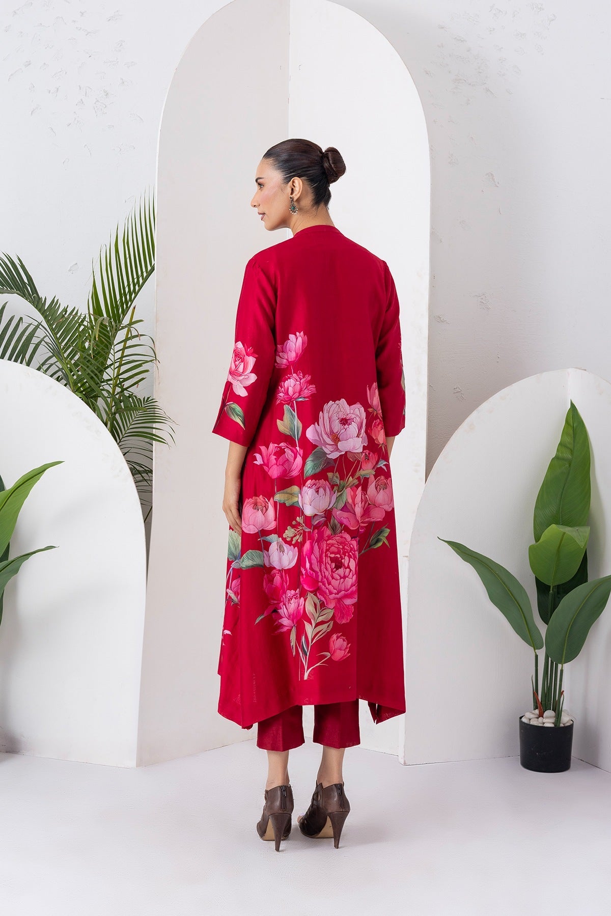 Maroon Silk Chanderi Printed Front Open Dress Set (3 PCS)