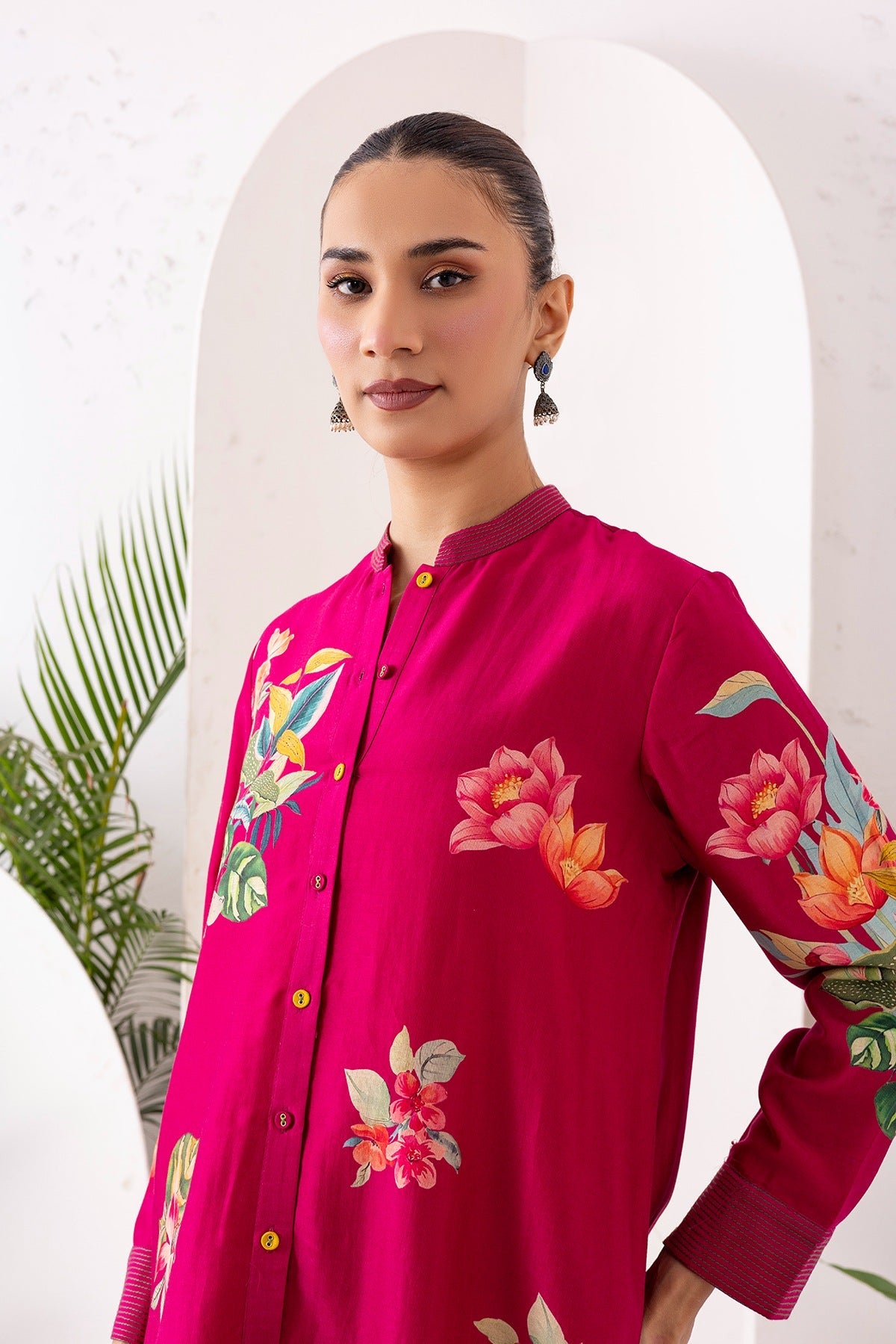 Hot Pink Silk Chanderi Printed Shirt Style Tunic Set (2 PCS)