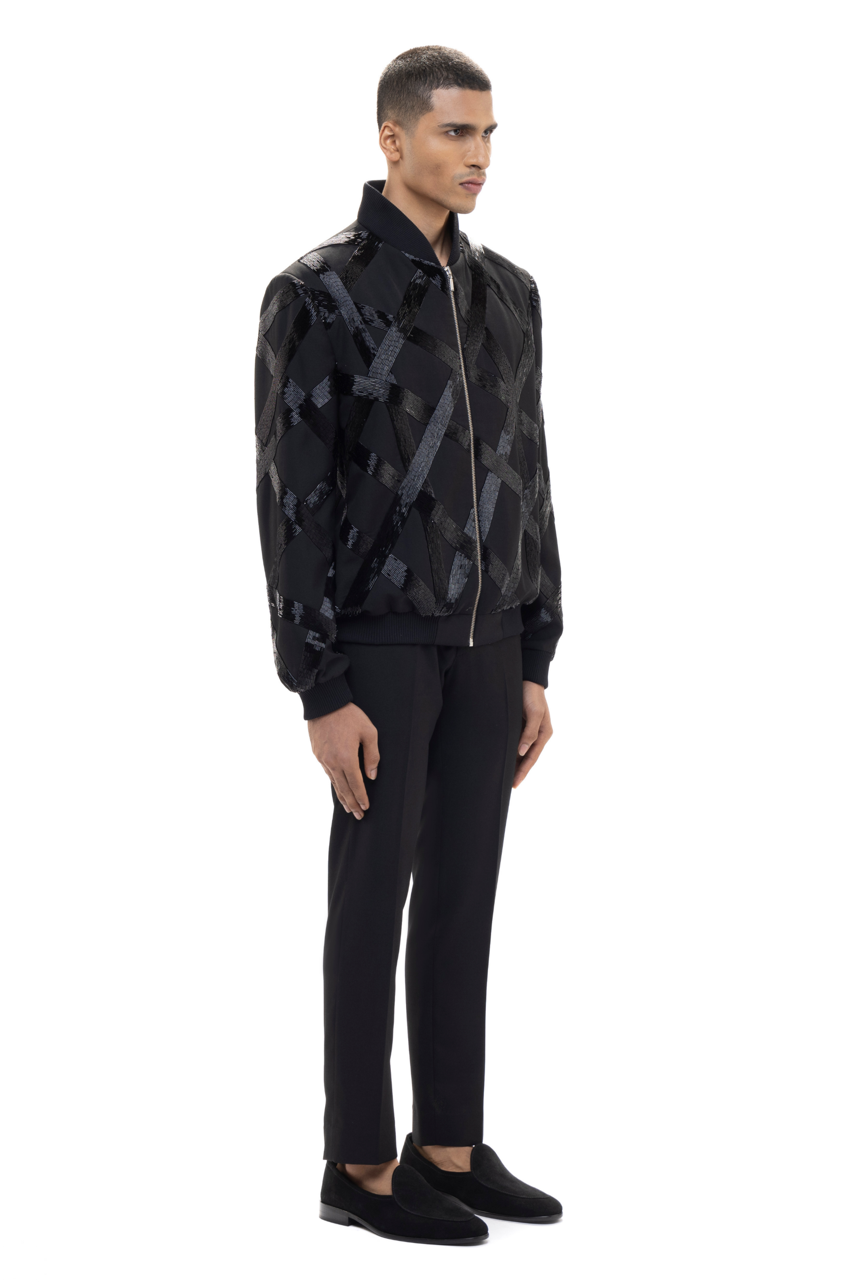 Black Metallic Worsted Wool Embroidered Bomber Jacket