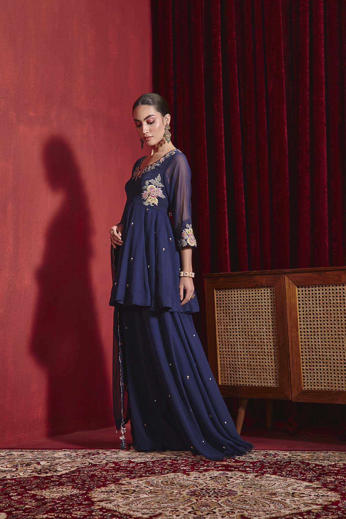 Navy Blue Embroidered Peplum Kurta with Sharara & Organza Dupatta