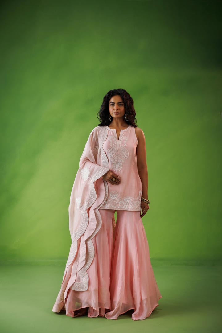 Baby pink flared sharara set