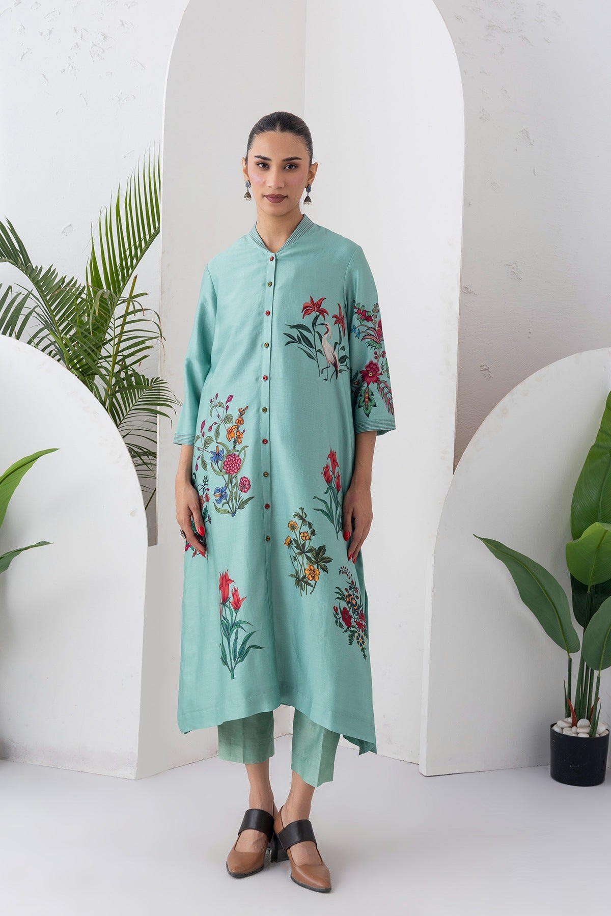 Mint Silk Chanderi Floral Printed Front Open Dress Set (3 PCS)