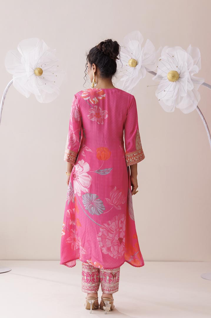 Pink and orange dori work kurta set
