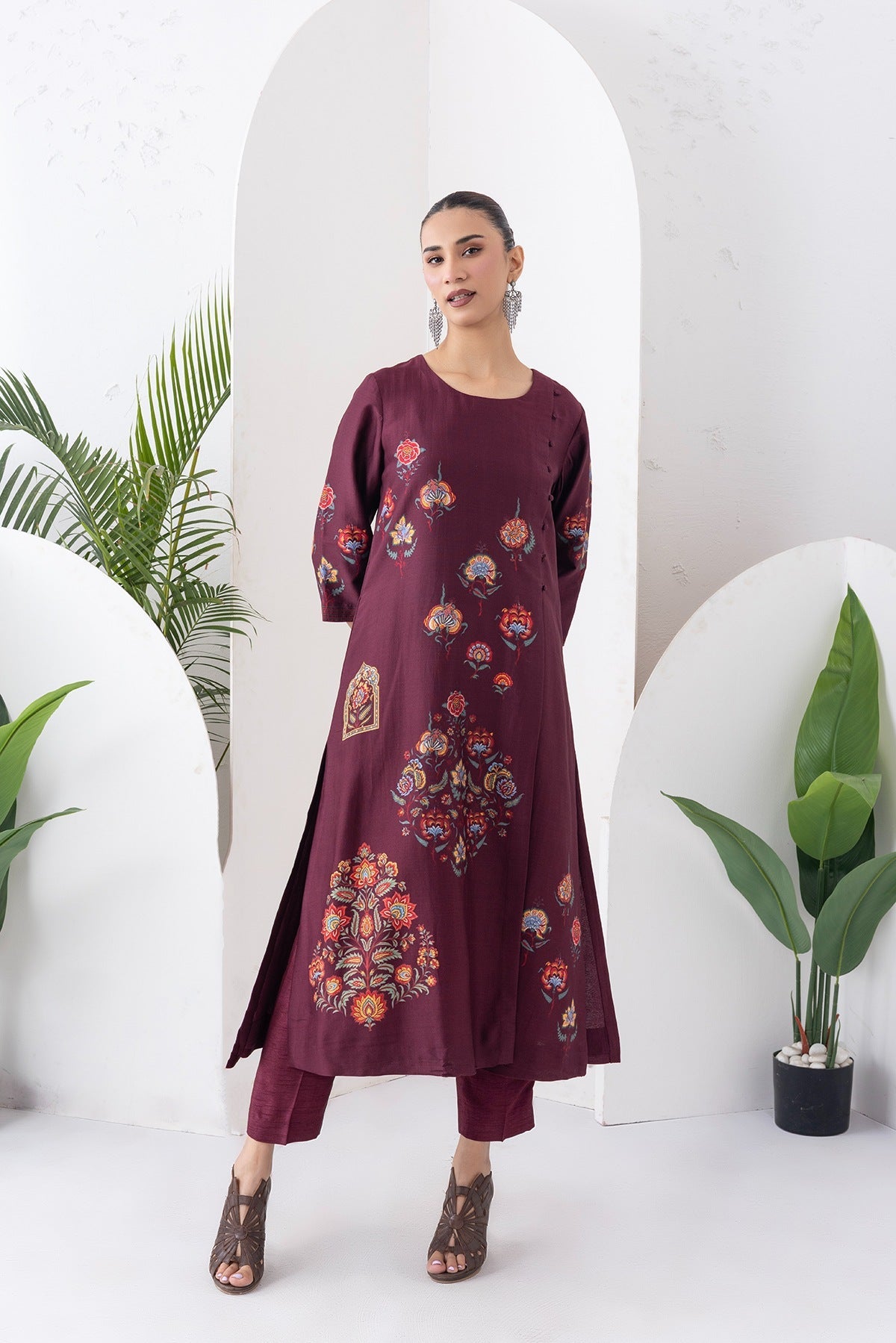 Chocolate Brown Silk Chanderi Printed Side Panel Dress Set (2 PCS)