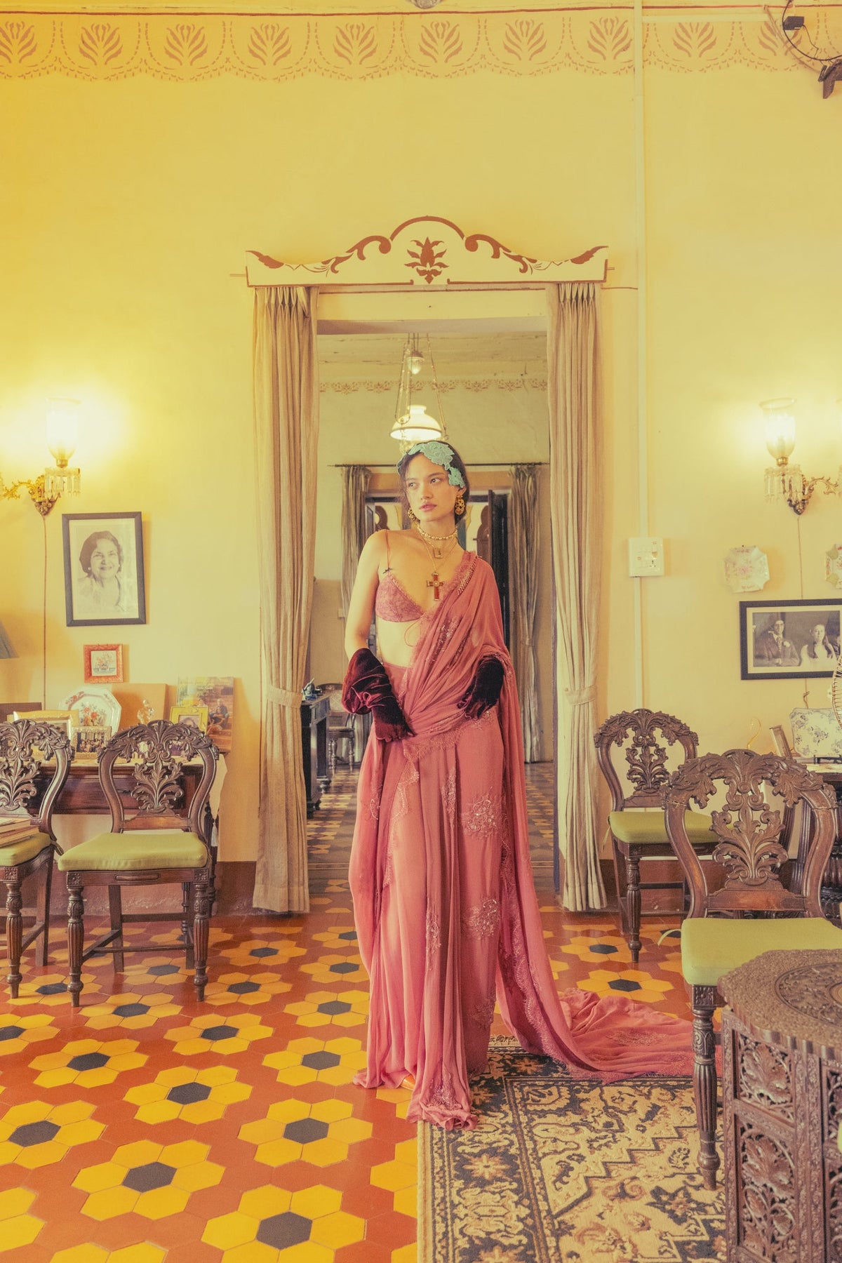 Vintage Rose, Zardosi & Bead Embroidery, Silk Georgette & Lace, Pre-Pleated Sari Set, Bralette Silhouette