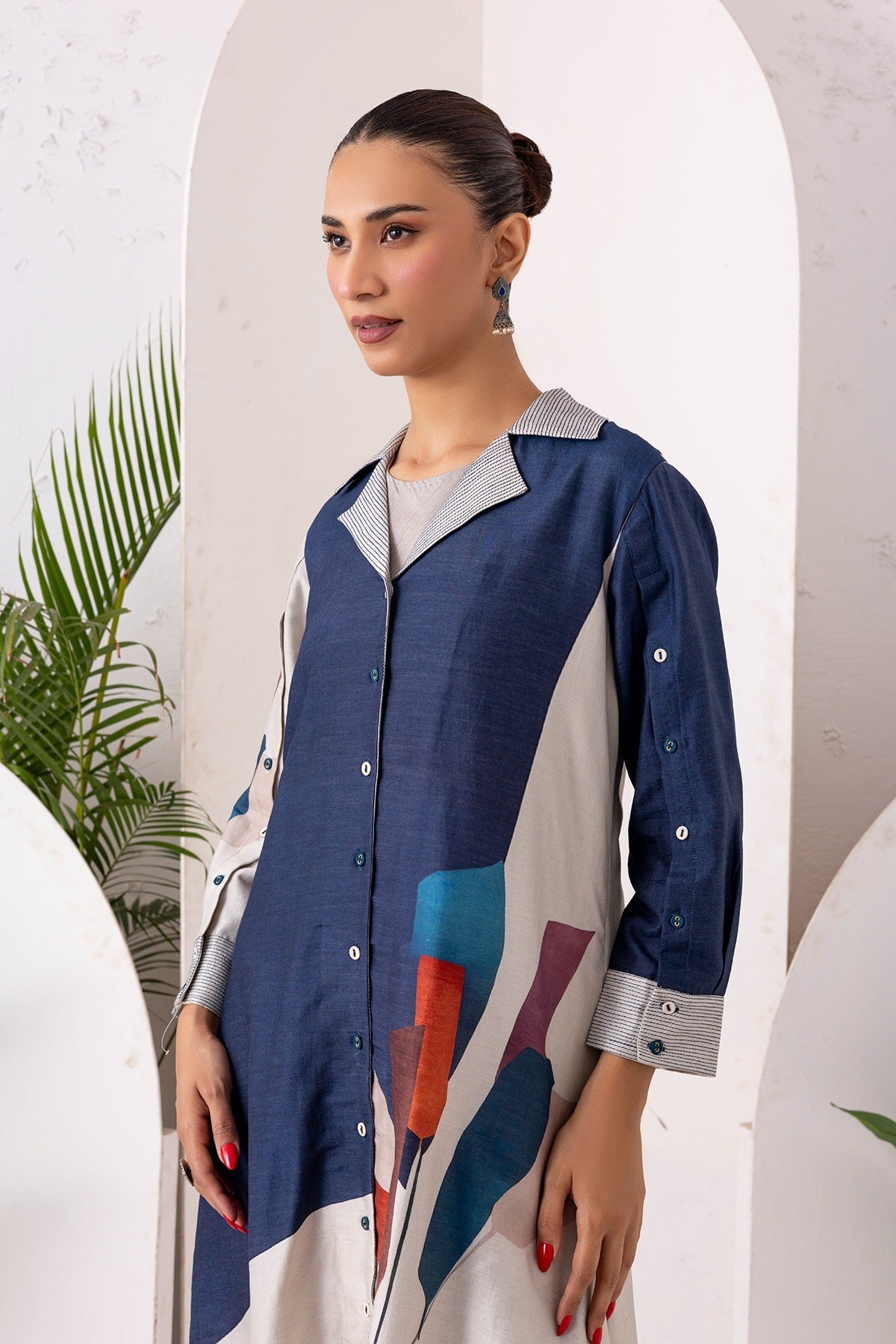 Blue & Ivory Silk Chanderi Printed Front Open Dress Set (3 PCS)