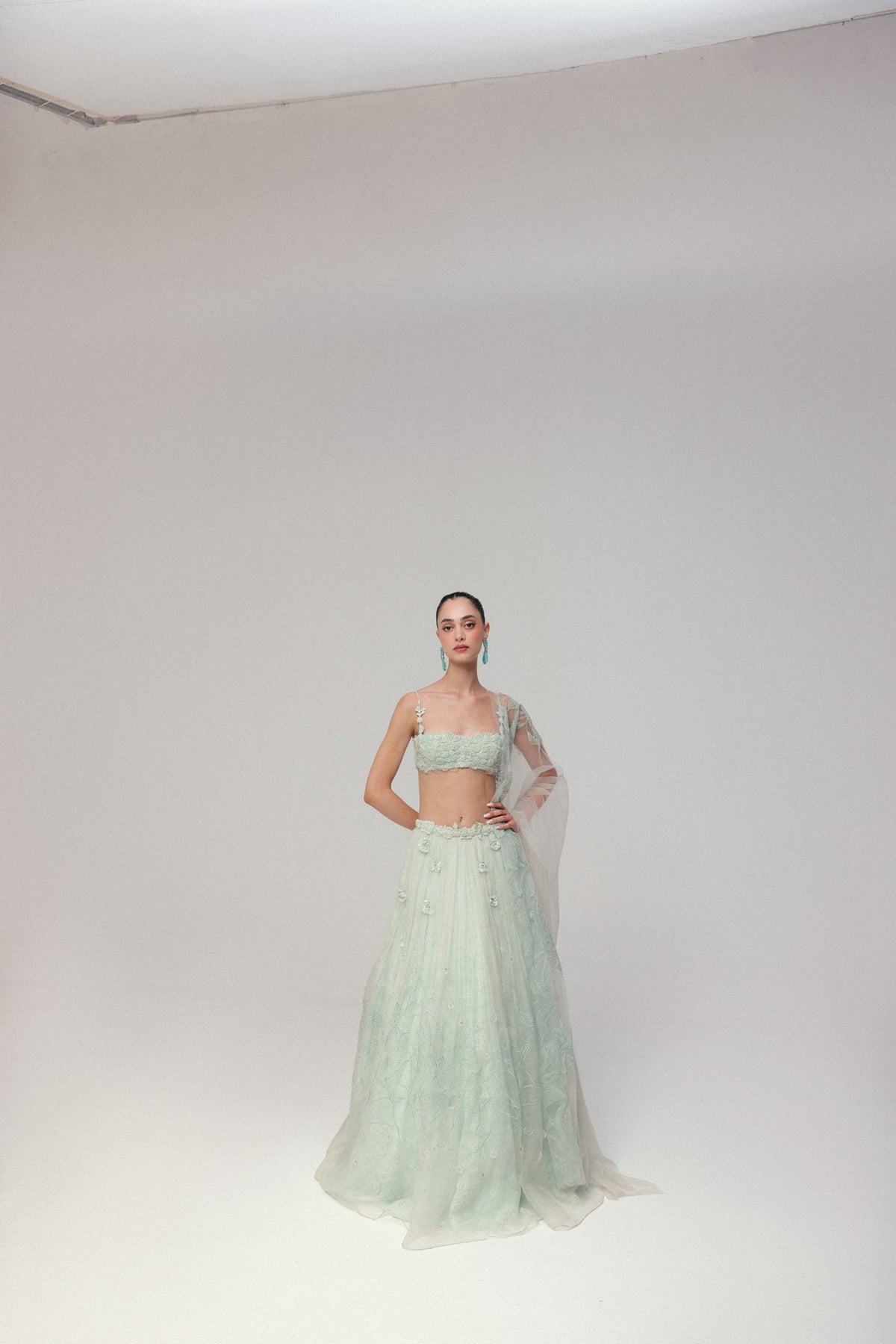 Beaded Floral Embroidery, Tulle & Silk Organza with Lace, Skirt Set, Underwired Blouse Silhouette