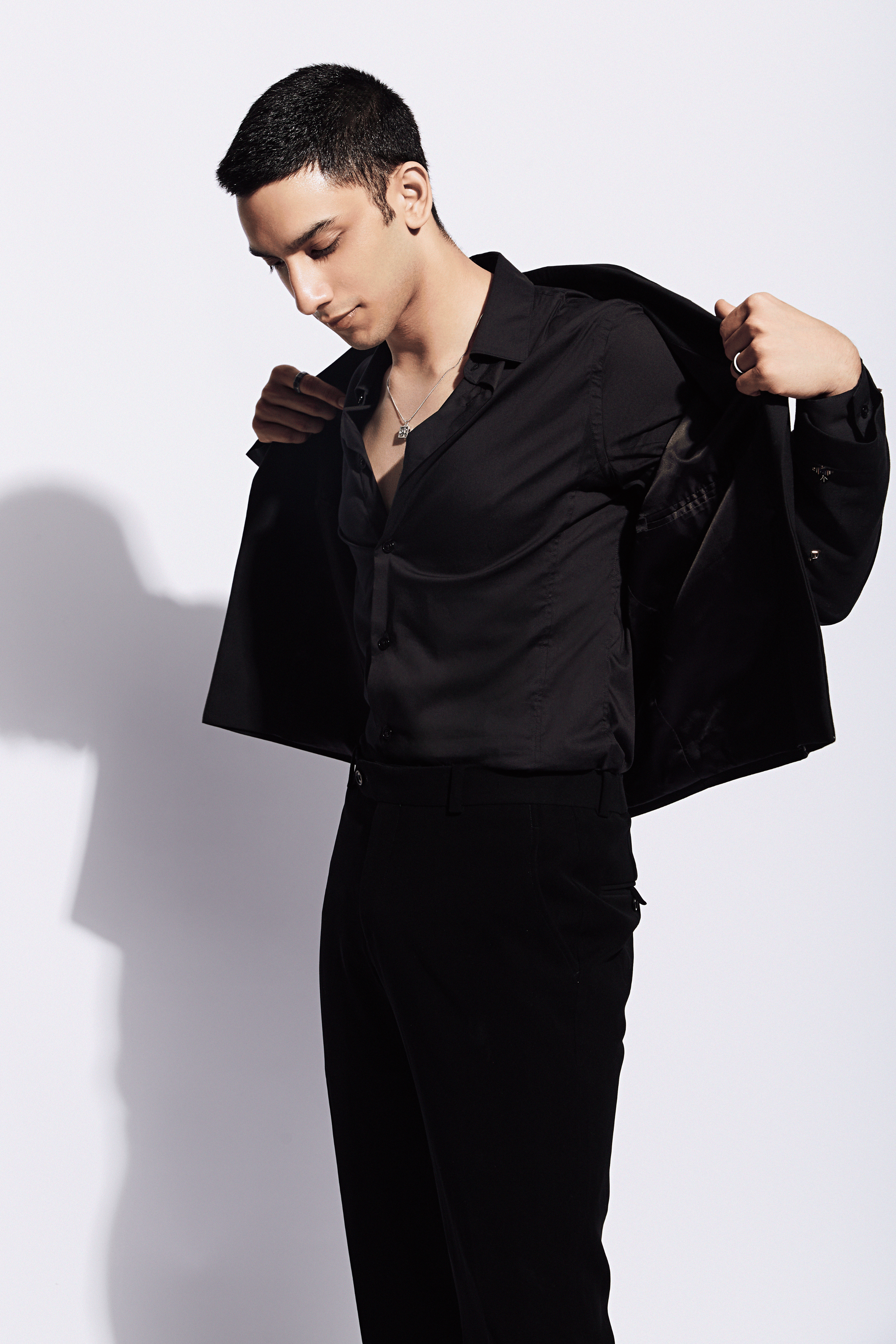 Black Worsted Wool Motifs Embellished Cropped Jacket