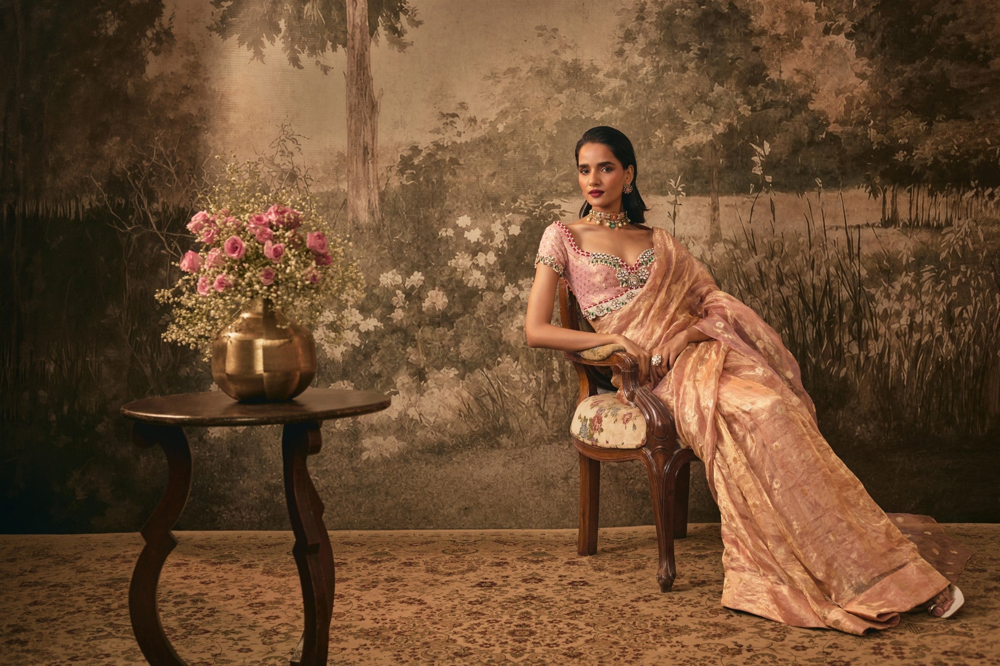 BLUSH PINK TISSUE SILK PRE-DRAPED SAREE