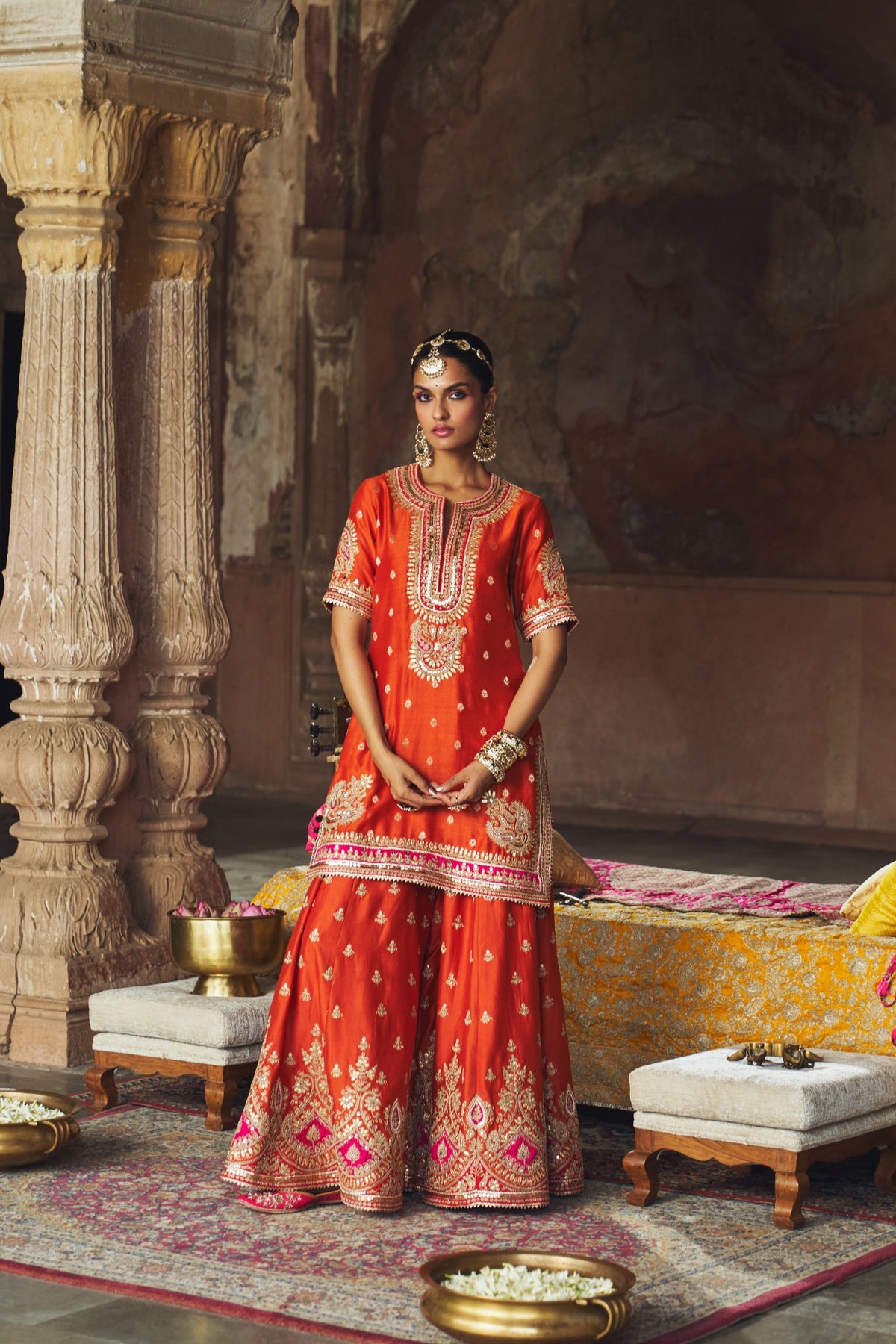 Burnt Orange Banarasi Short Kurta Sharara Set with Dupatta