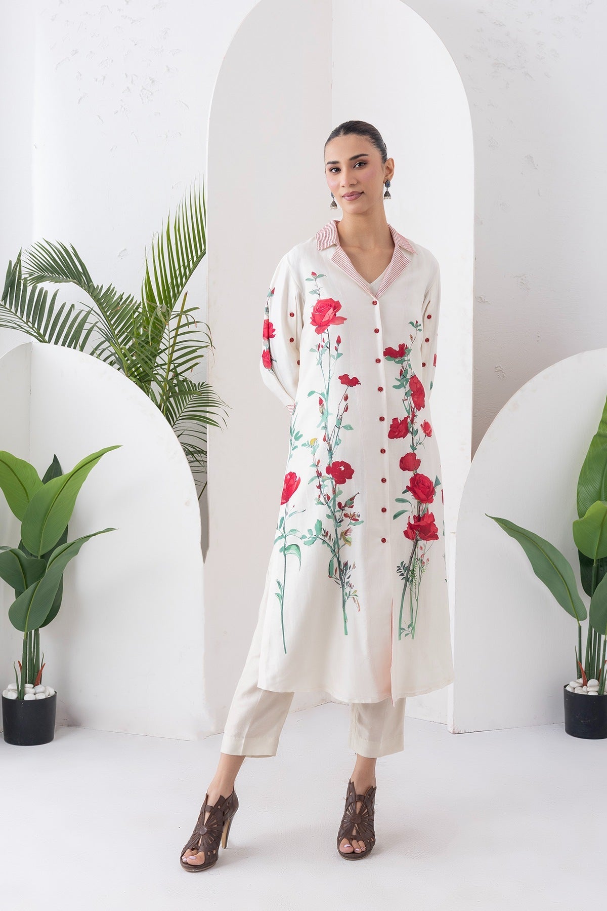 Ivory Silk Chanderi Front Open Printed Dress Set (3 PCS)