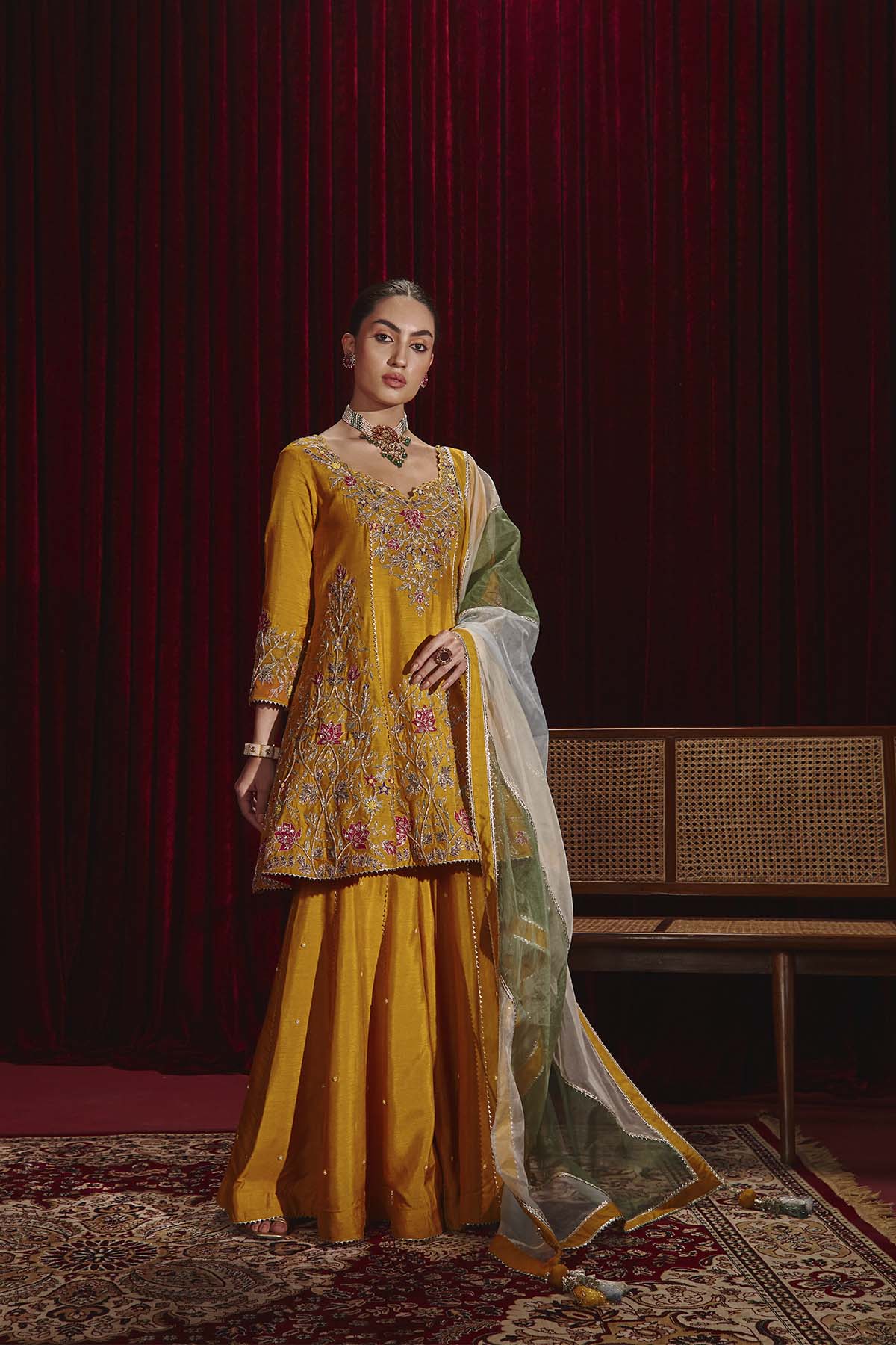 Anahita Mustard Embroidered Dupion Silk Kurta & Garara Set