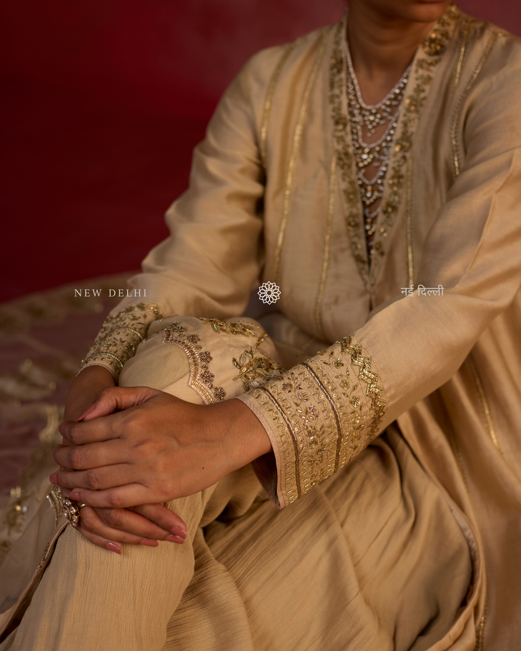 Arshia | Almond Chanderi Anarkali Set with Sharara