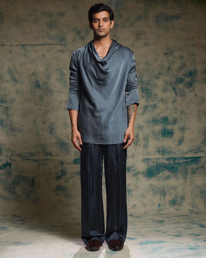 Charcoal Blue hand embroidered short jacket set