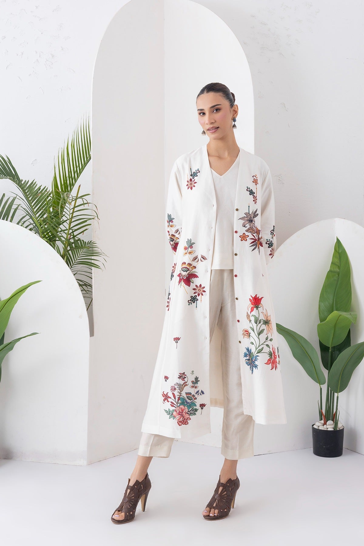 Ivory Silk Chanderi Printed High-Low Dress Set (3 PCS)