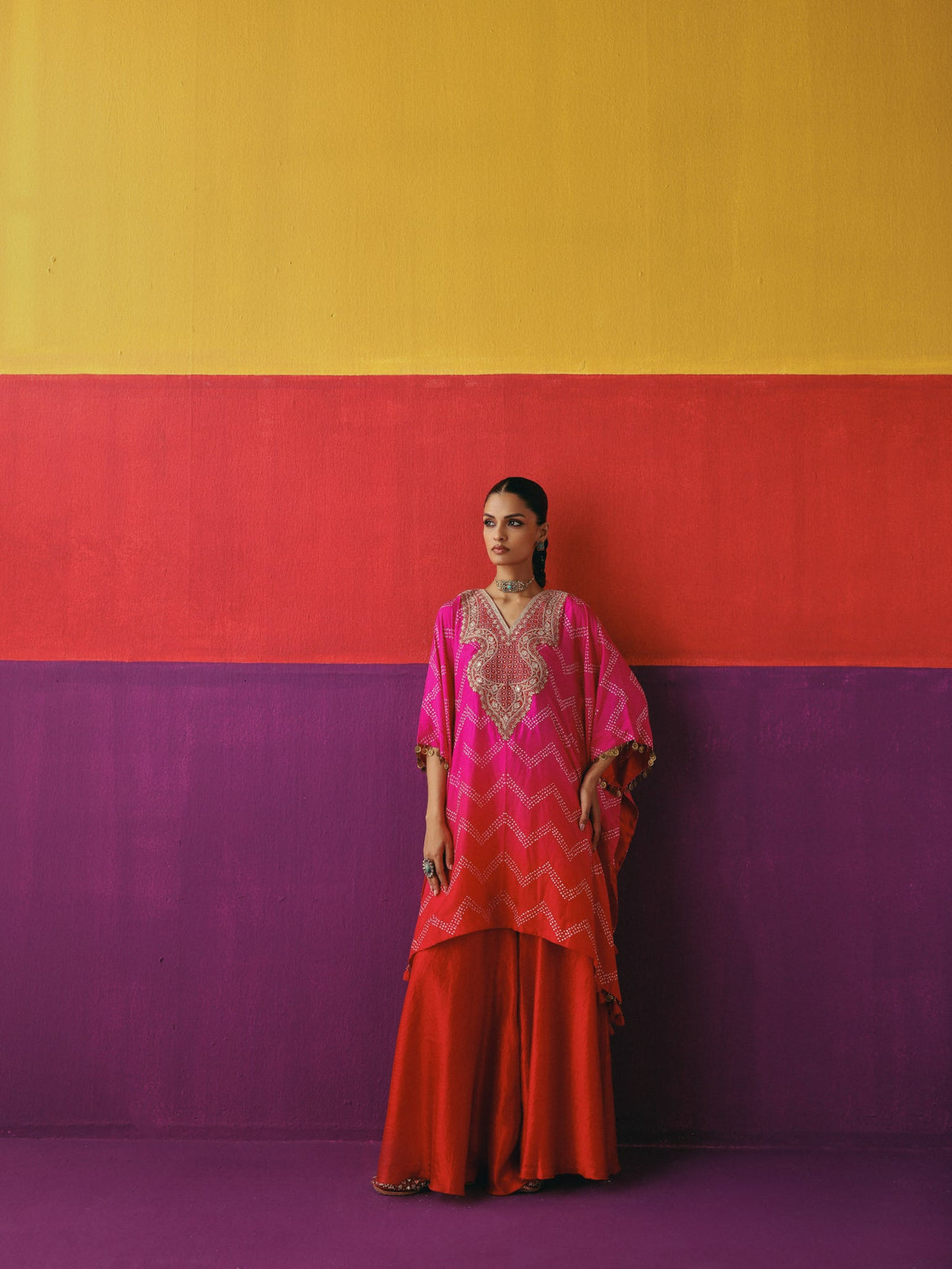 Zigzag Bandhni Kaftan with Sharara