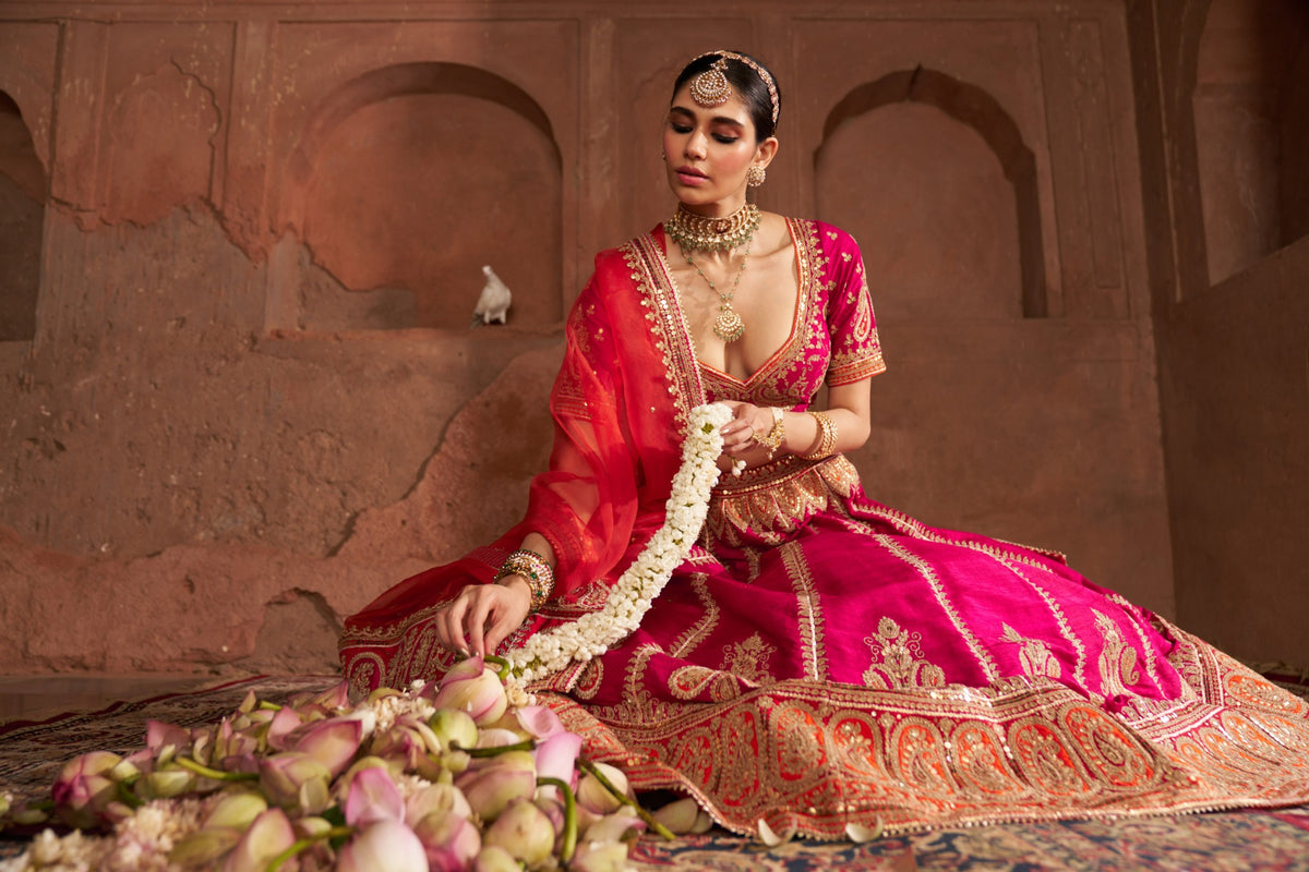 Hot Pink Raw Silk Lehenga with Kashmiri Tilla & Gota Work