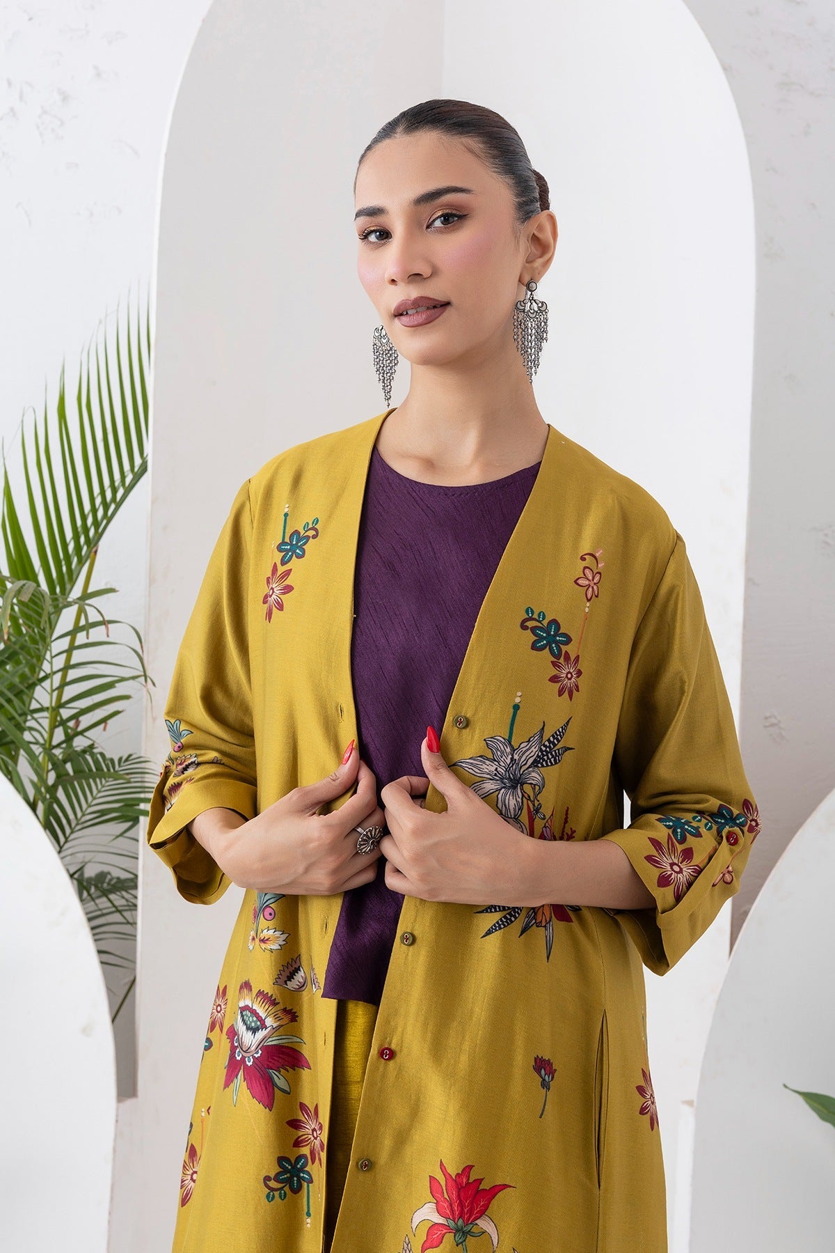 Mustard Silk Chanderi Printed High-Low Dress Set (3 PCS)