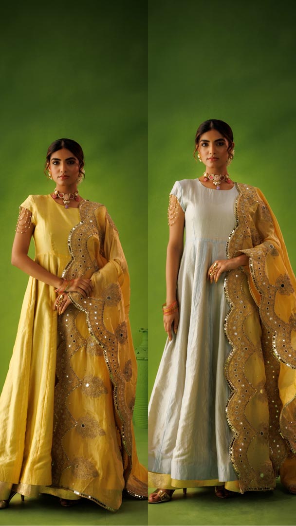 Powder blue and yellow reversible anarkali set with yellow  dupatta