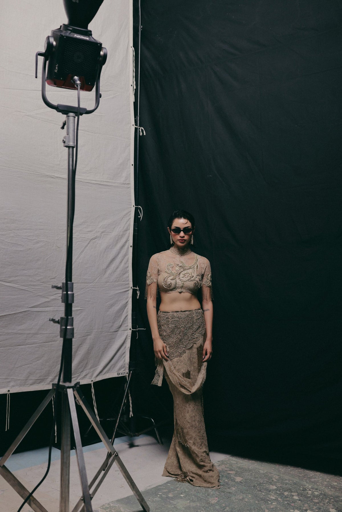 Filigree & Zardosi Embroidery, French Lace & Silk Georgette, Skirt Set, Structured Blouse Silhouette