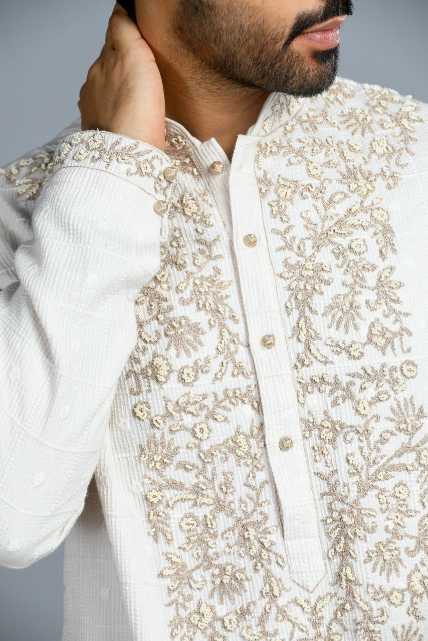 Ivory Cotton Embroidered Kurta