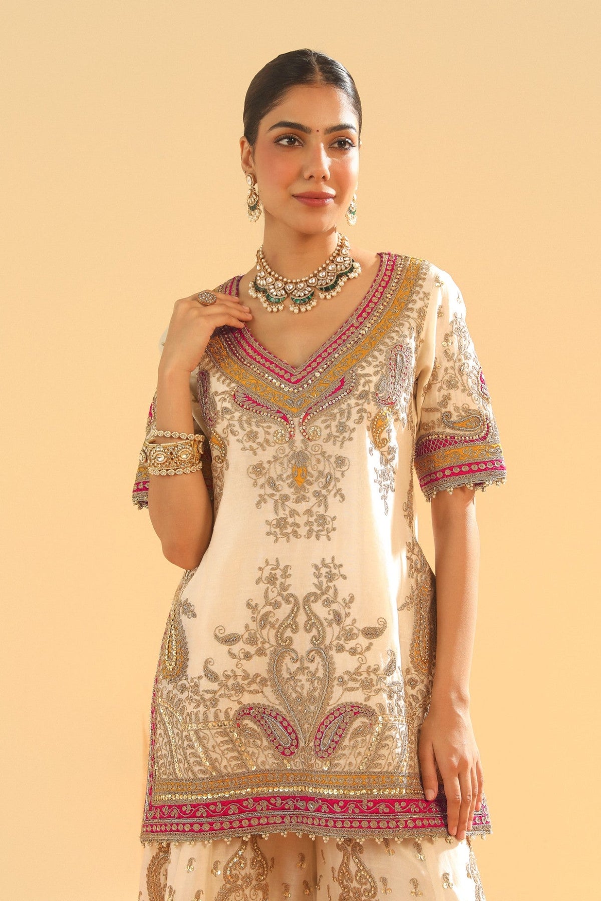 Sadiya - Daisy Ivory Short Kurta with Sharara and Dupatta