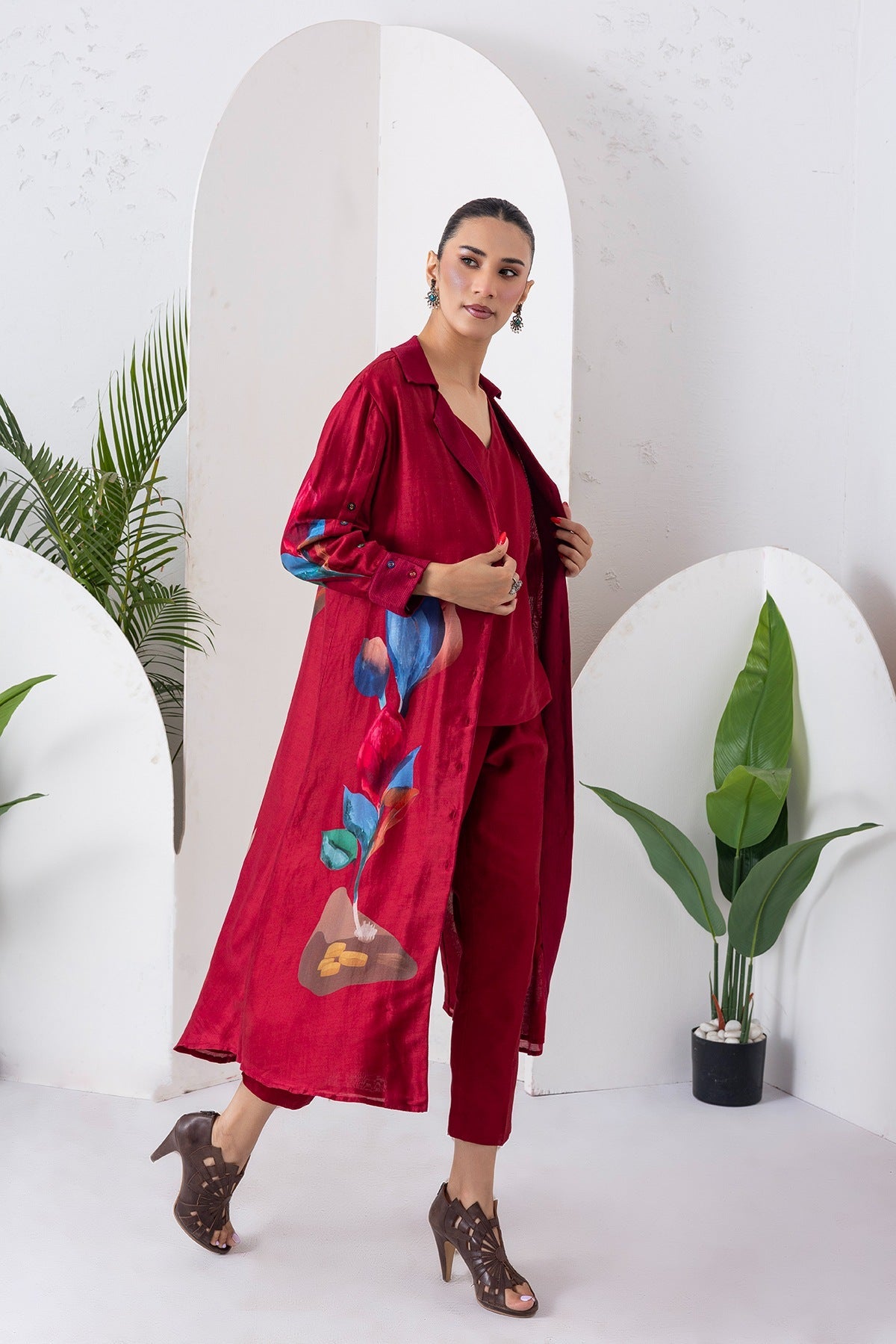 Red Viscose Dupion Printed Front Open Dress Set (3 PCS)