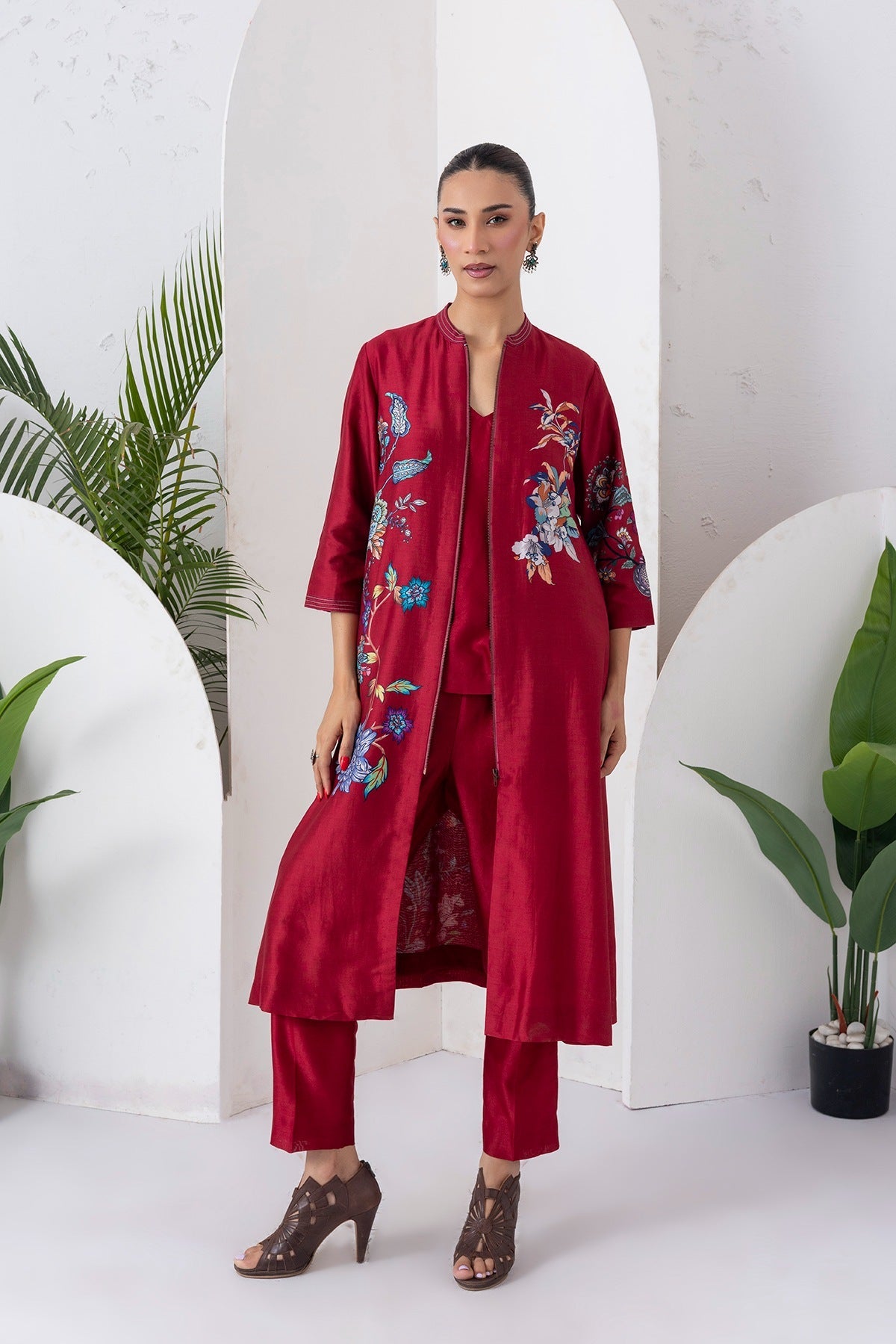 Maroon Silk Chanderi Floral Printed Front Open Dress Set (3 PCS)