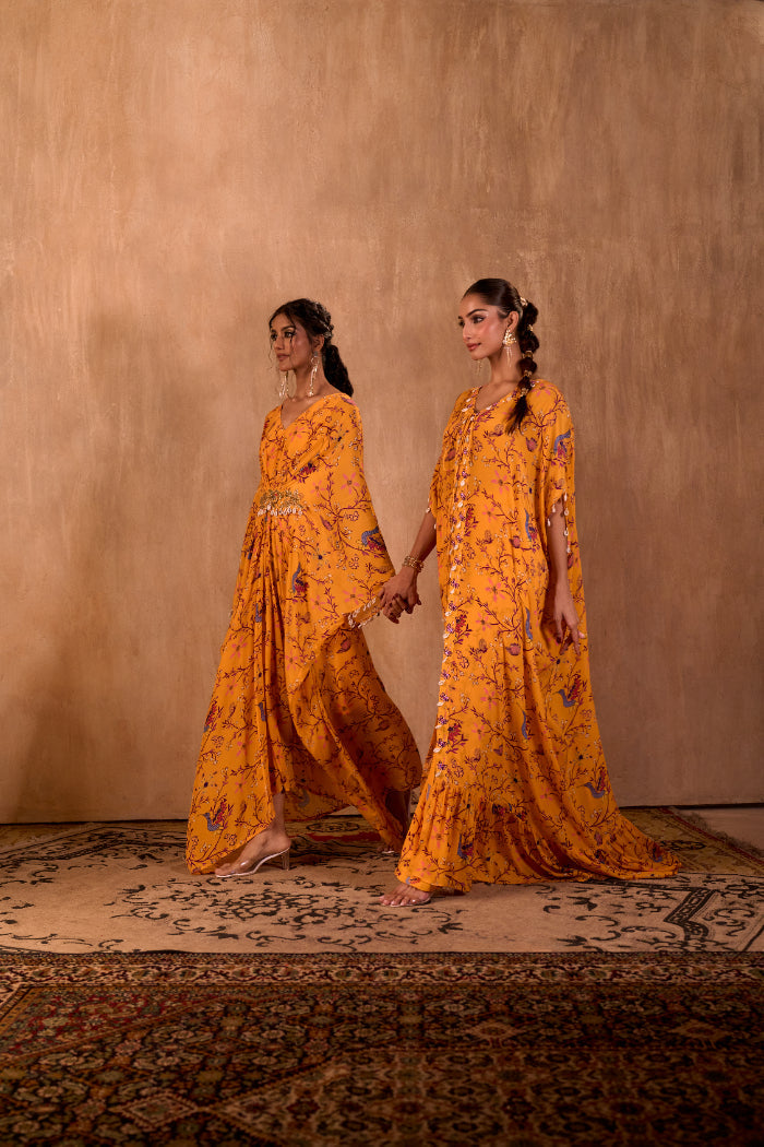 YELLOW PRINT EMBROIDERED LONG KAFTAN WITH PANTS SET - image 8