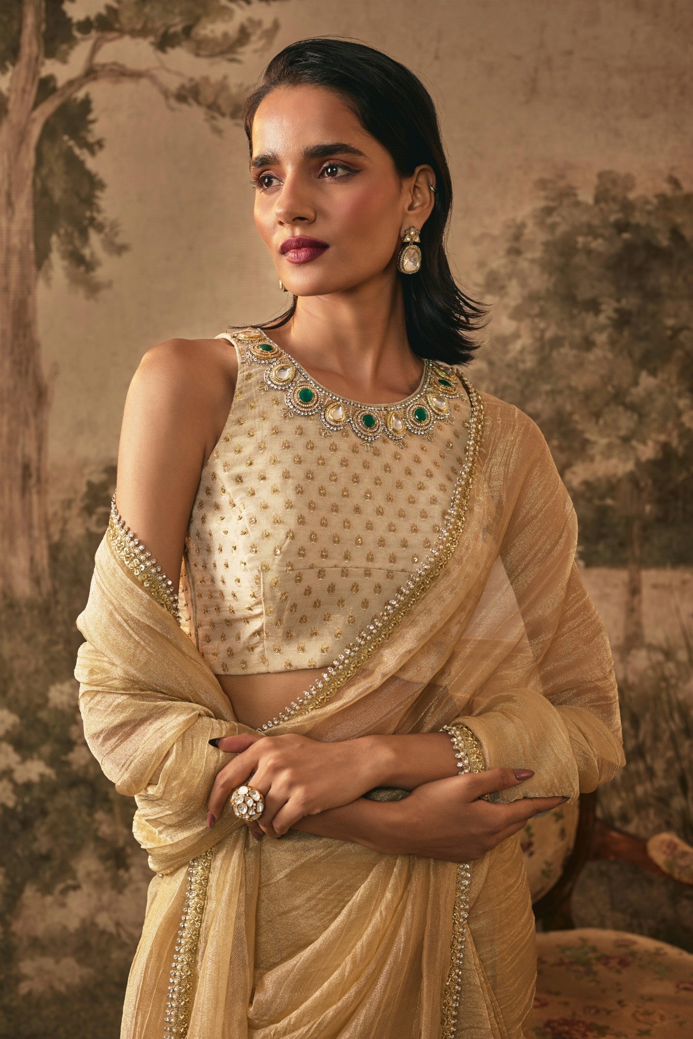 Champagne Gold Metallic pre-pleated Tissue Saree Set