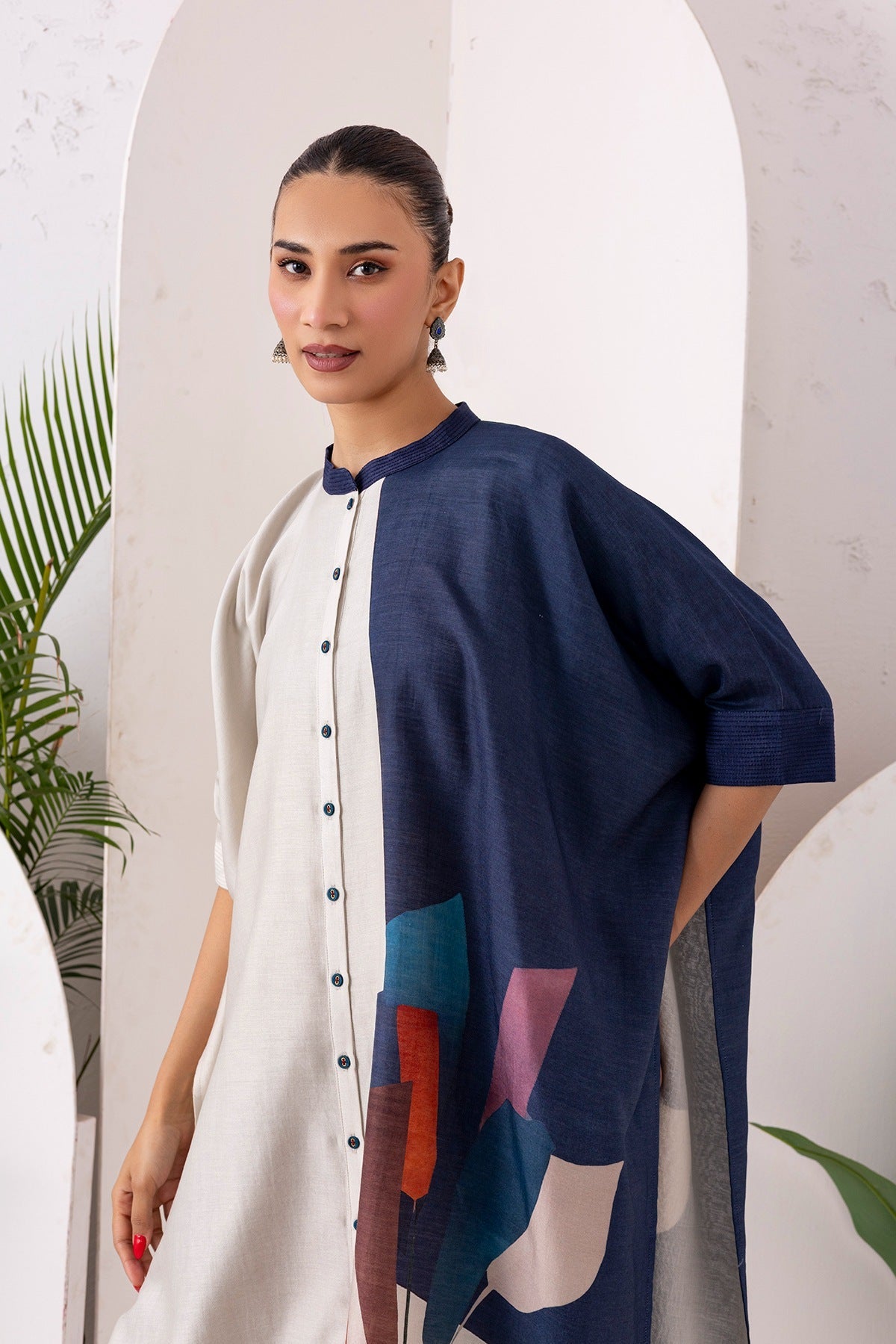 Blue & Ivory Silk Chanderi Printed Kaftan Style Dress Set (3 PCS)